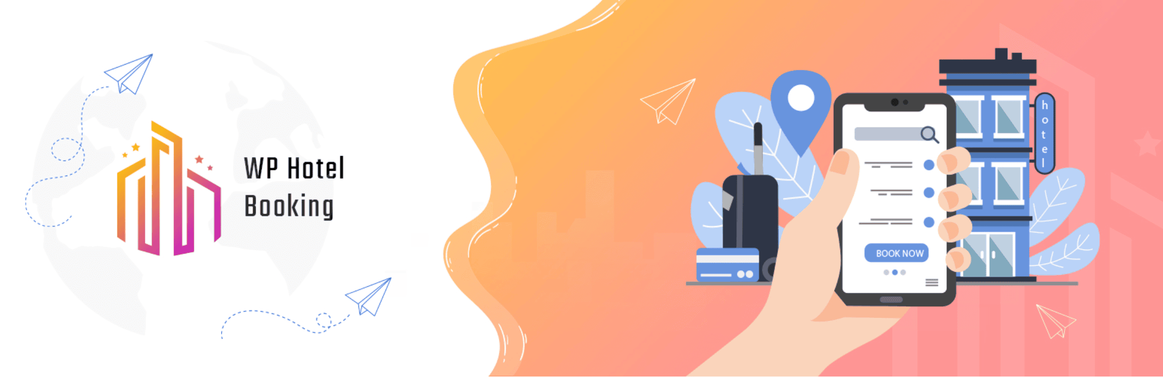 Illustration of a hand holding a smartphone with a hotel booking app, surrounded by travel icons and buildings, next to the WP Hotel Booking logo.