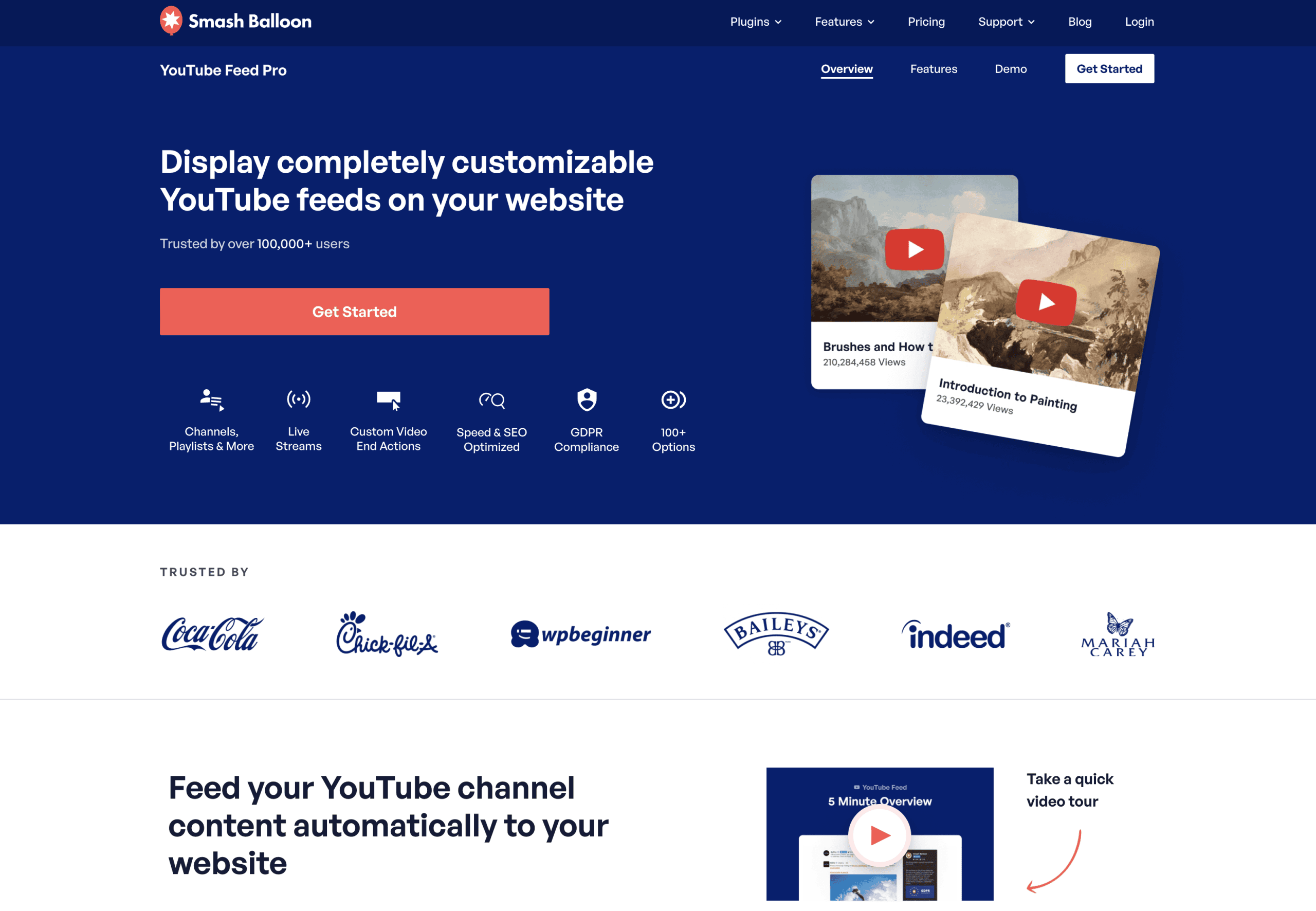 Screenshot of the Smash Balloon YouTube Feed Pro homepage, showing features, customer logos, and a prompt to get started integrating customizable YouTube feeds into websites.