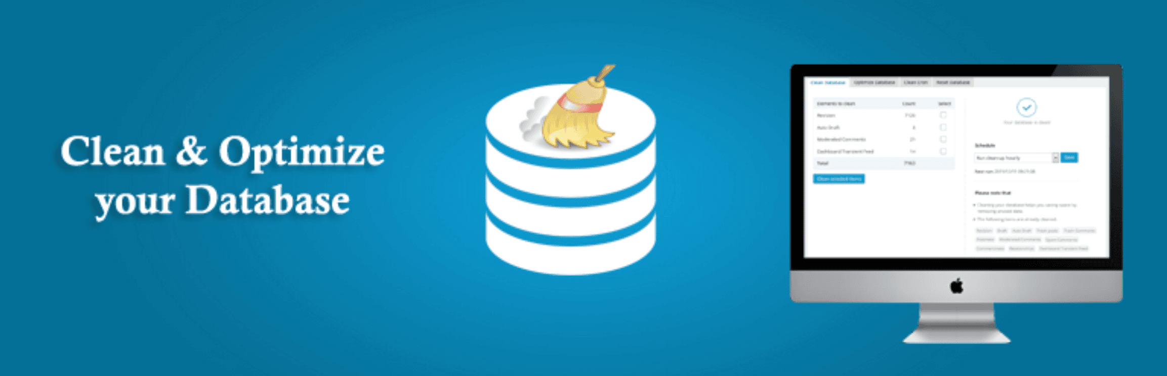 A graphic with the text "Clean & Optimize your Database," an icon of a database with a broom, and a computer screen displaying a database management interface.