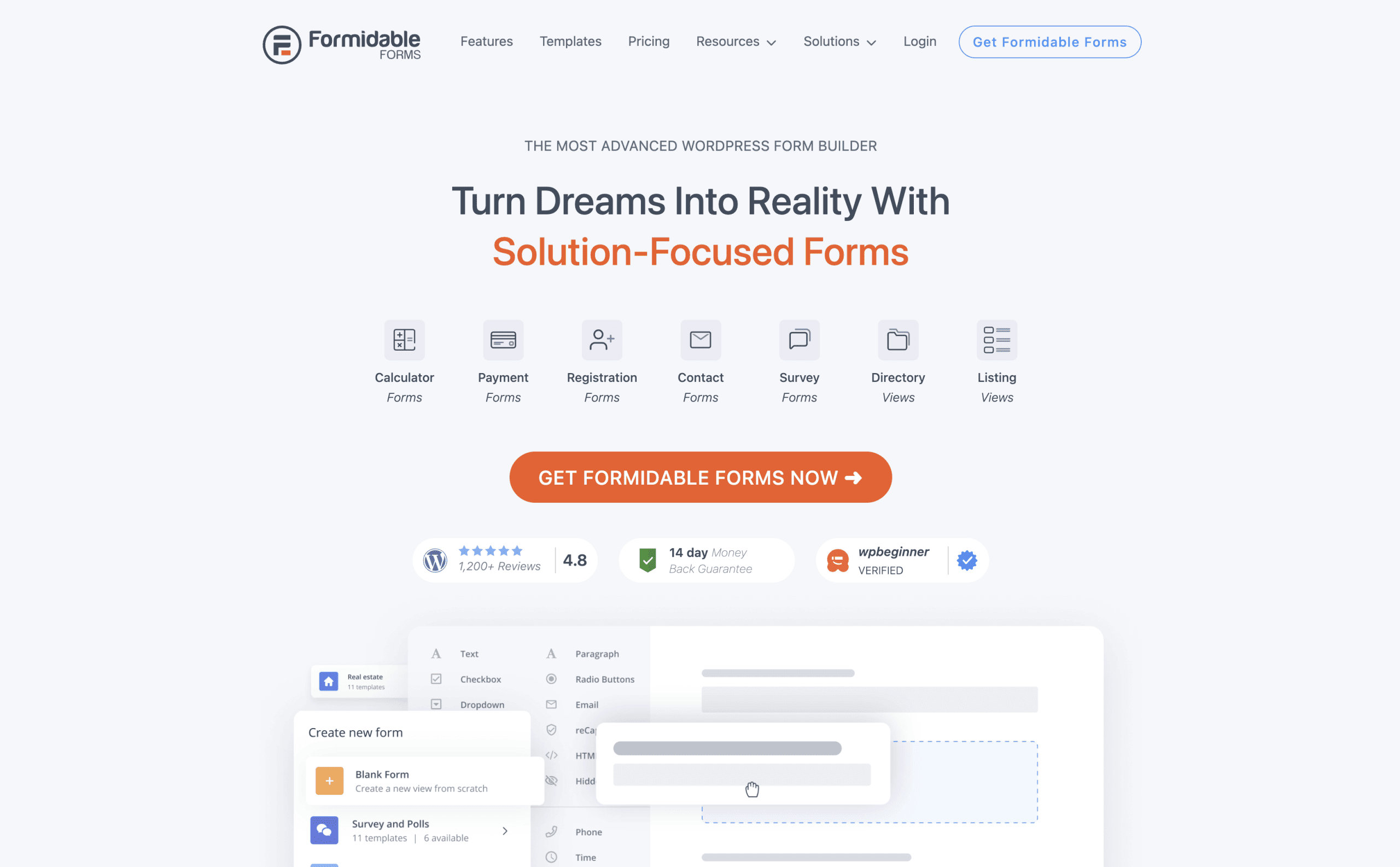 Screenshot of the Formidable Forms website homepage, highlighting solution-focused WordPress form builder features and a call-to-action button to get Formidable Forms.