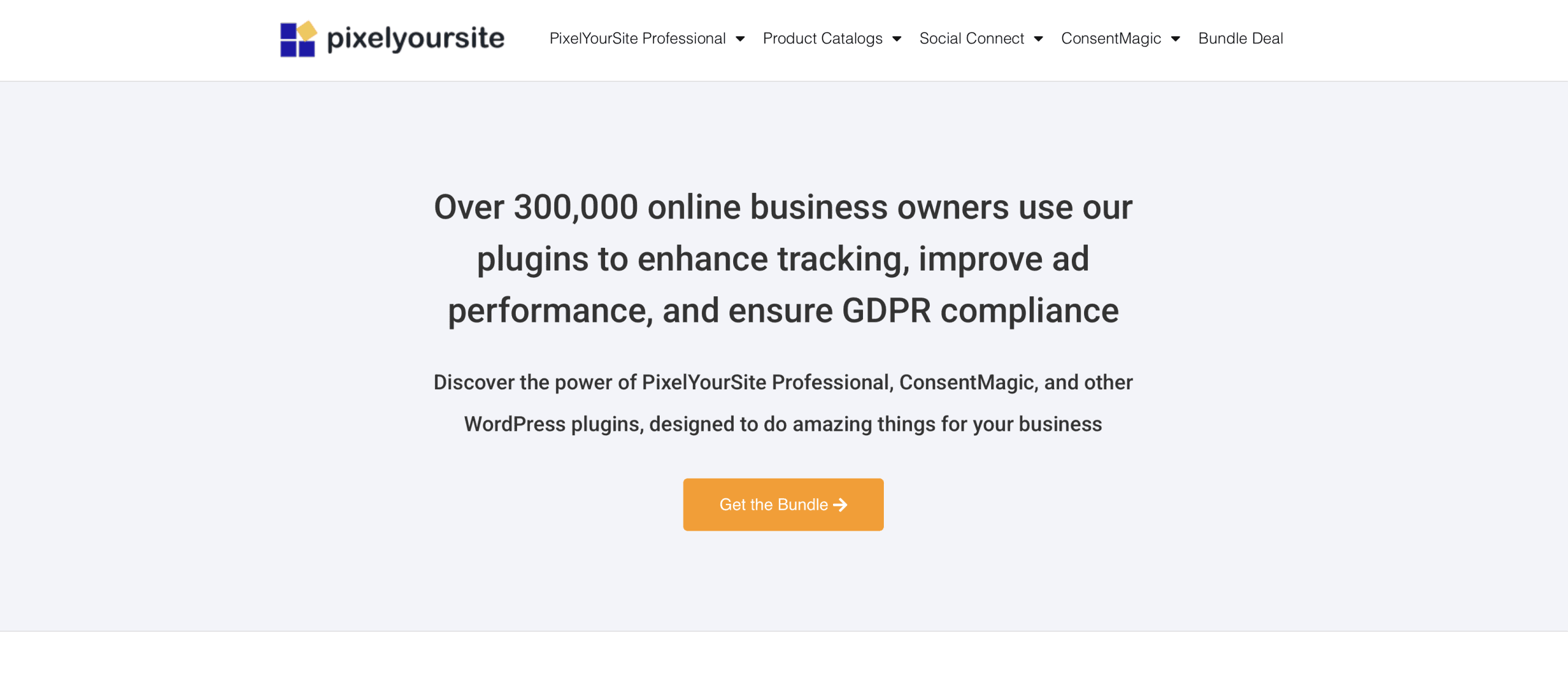 PixelYourSite webpage promoting WordPress plugins for tracking, ad performance, and GDPR compliance, with a call-to-action button to get a plugin bundle.