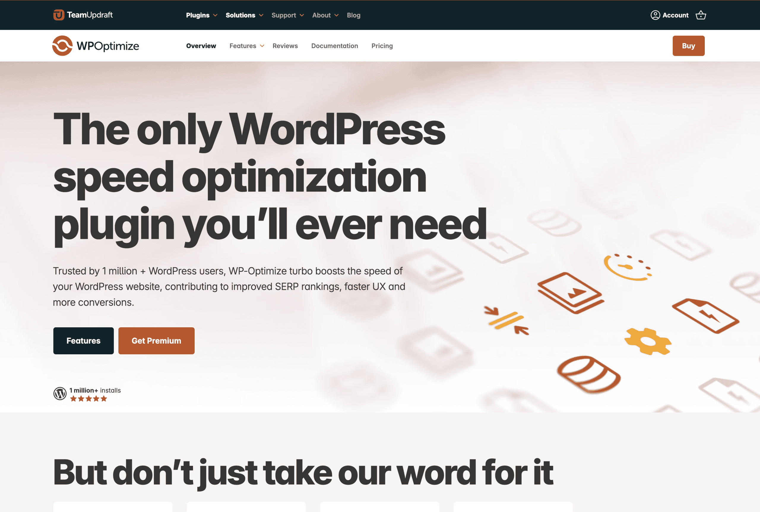Screenshot of the WP-Optimize website homepage, highlighting its WordPress speed optimization plugin with bold text and orange "Get Premium" button.