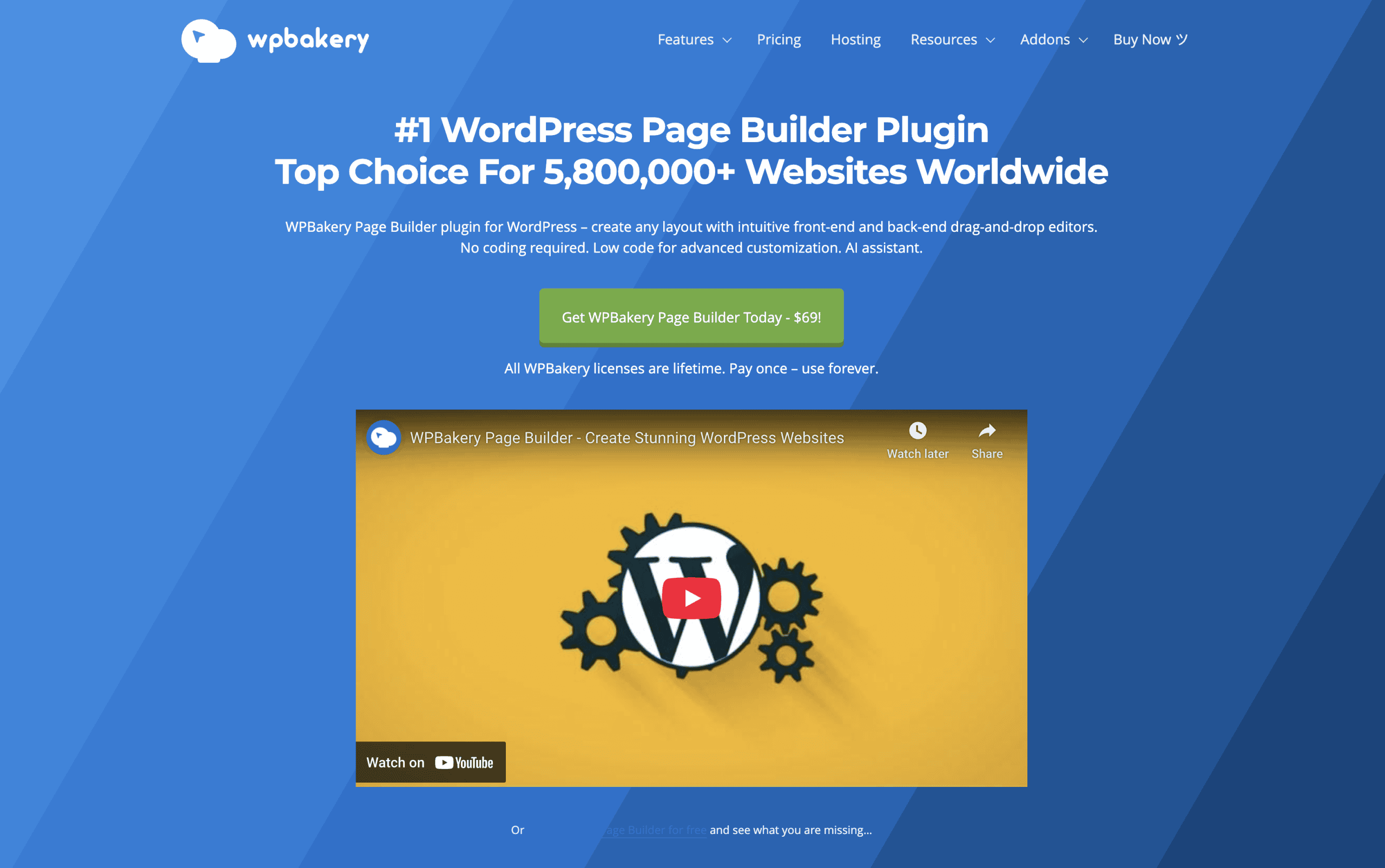 Screenshot of WPBakery’s website homepage highlighting its WordPress Page Builder plugin, user count, pricing, and an embedded video demonstration on a blue background.