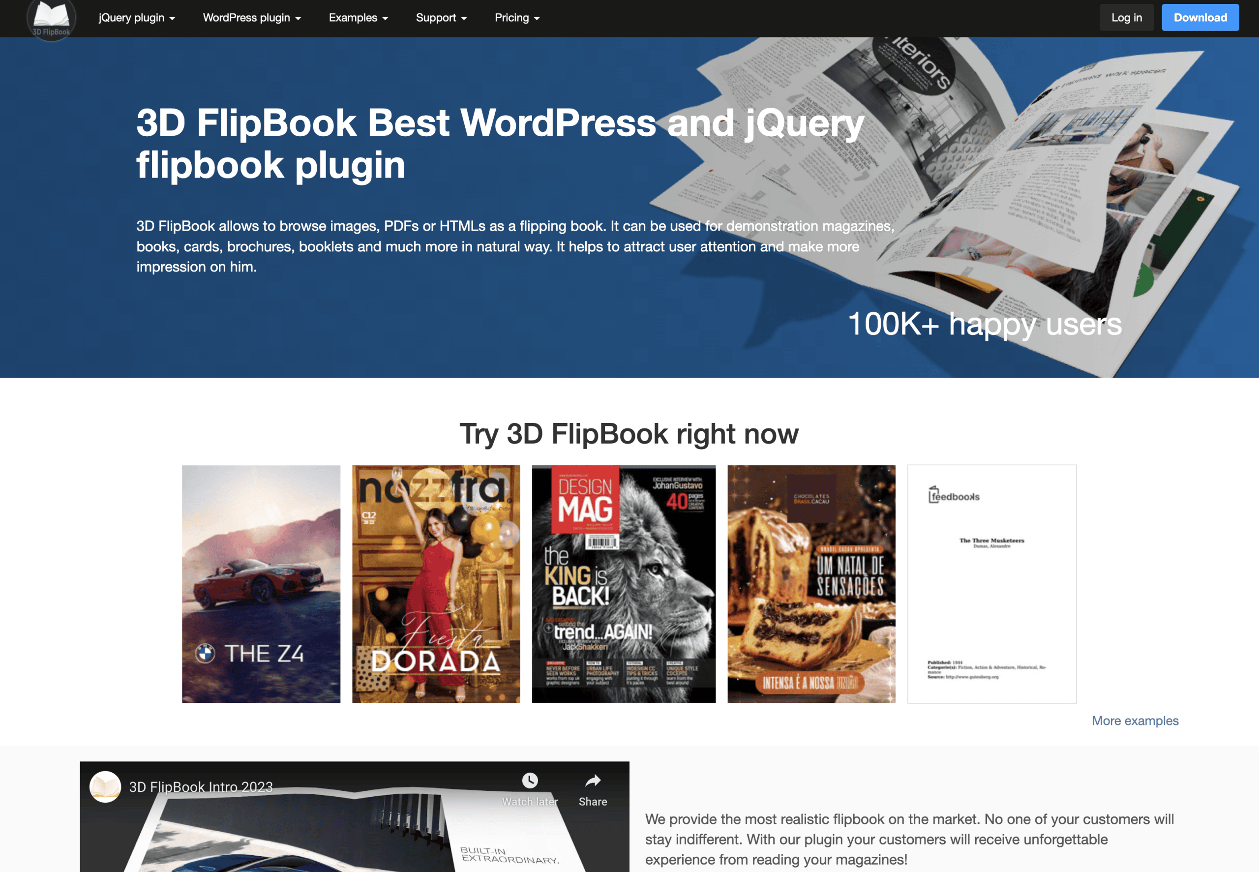 Screenshot of a website advertising the 3D FlipBook plugin for WordPress, showcasing digital publications as interactive flipbooks, with a headline, user count, and a brief product description.