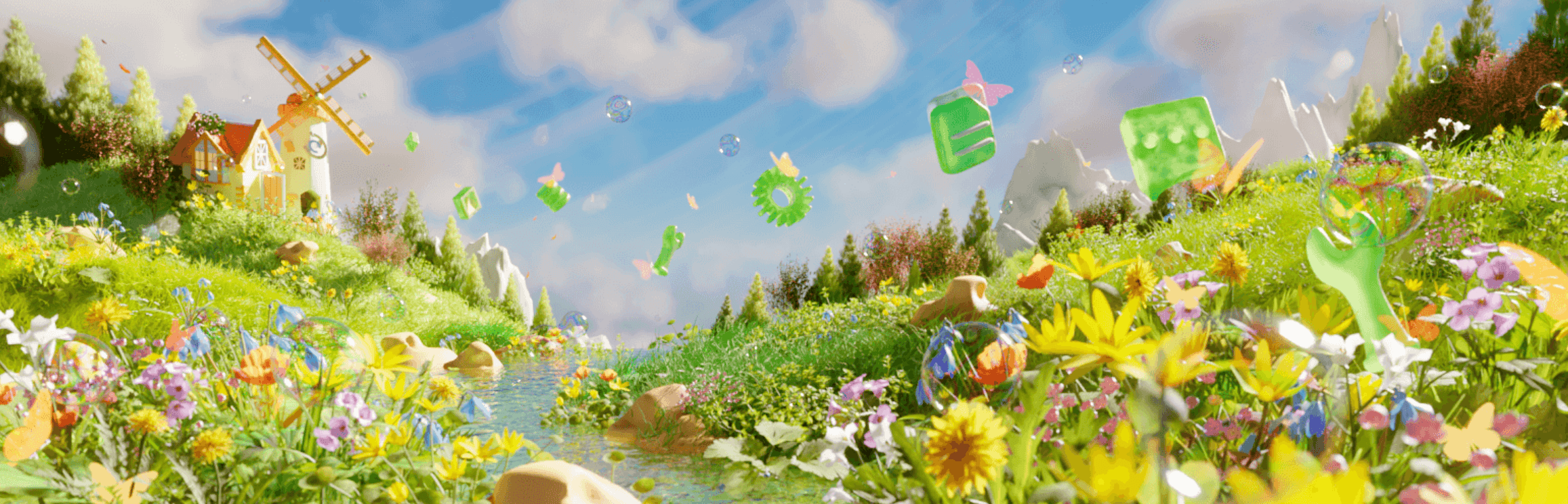 A vibrant, sunny meadow with wildflowers, a stream, a yellow windmill house, and floating green letters in the sky.