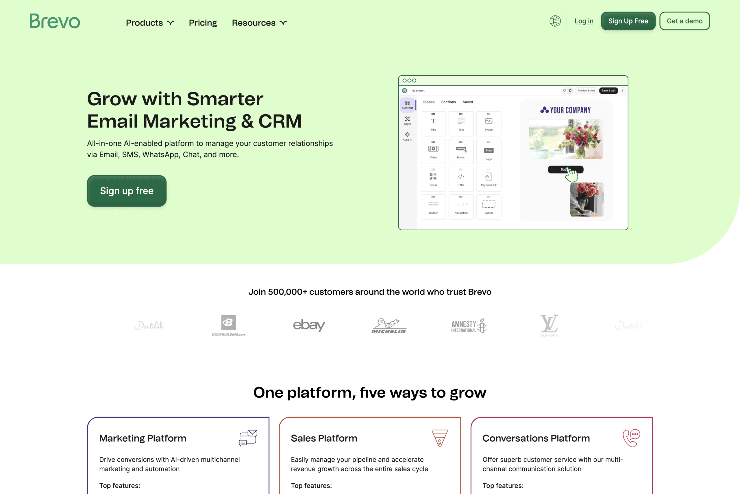 Screenshot of the Brevo website homepage highlighting its all-in-one email marketing and CRM platform, with navigation menus, sign-up buttons, and client logos displayed.