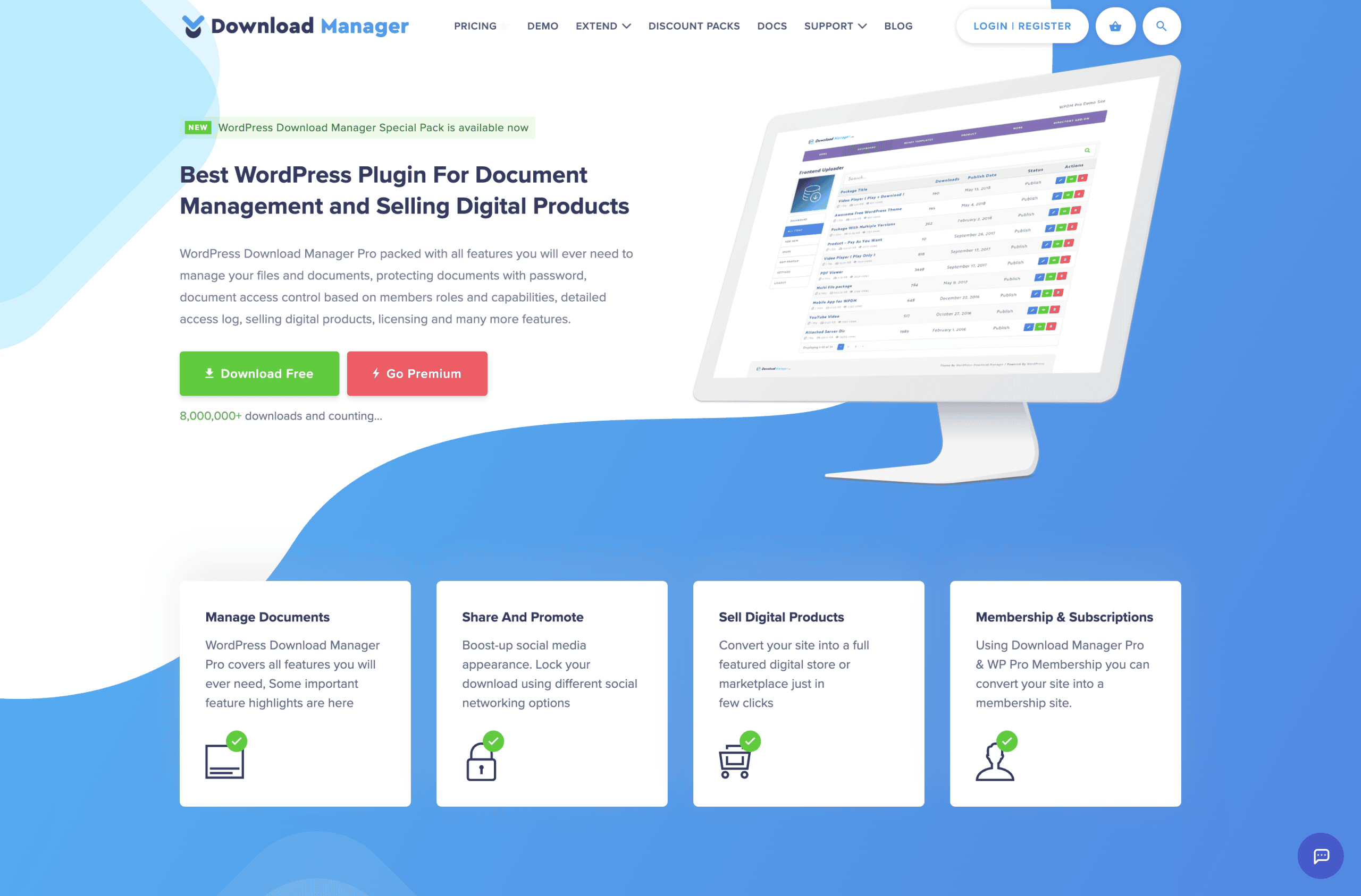 Screenshot of a website promoting WordPress Download Manager, highlighting features for managing documents and selling digital products, with options for download and premium purchase.