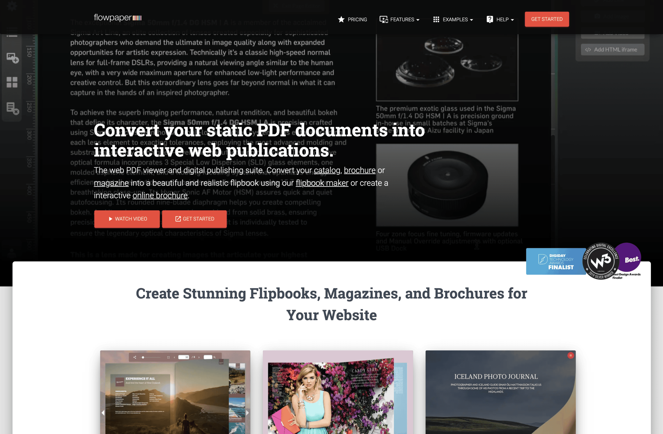 Screenshot of Flowpaper’s website homepage displaying a banner about converting PDFs into interactive digital publications, with thumbnails of example flipbooks shown below. Perfect for those seeking a Flipbook plugin for WordPress.