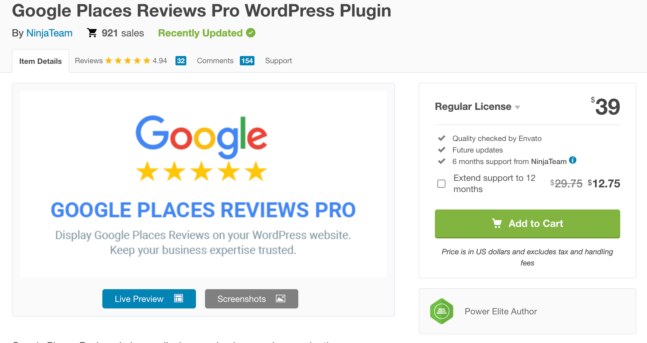 Screenshot of the Google Places Reviews Pro WordPress plugin product page, showing pricing, features, and options to buy or preview the plugin.