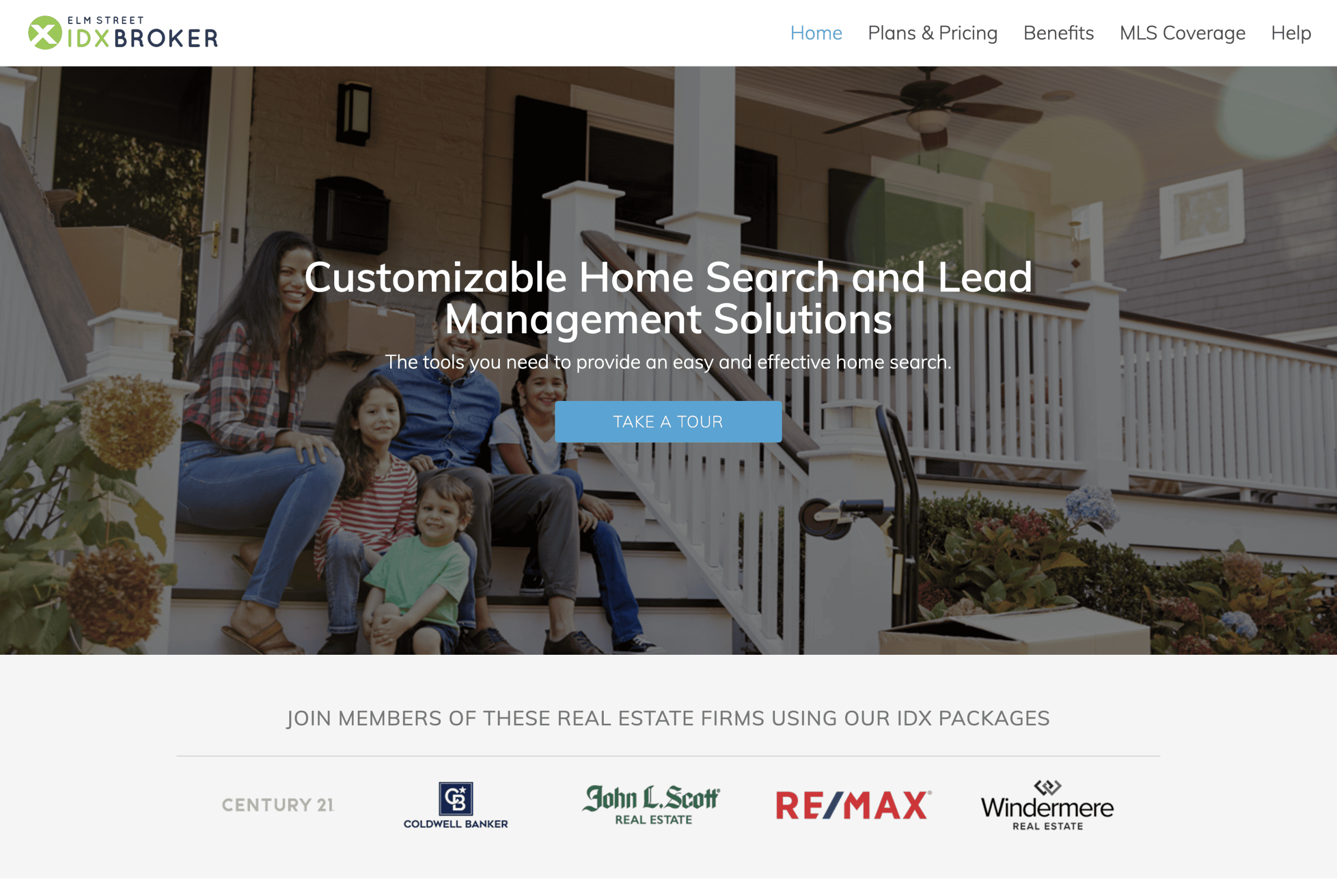 A family sits on the steps of a house porch. Text overlays promote home search and lead management solutions, with logos of real estate firms shown at the bottom.