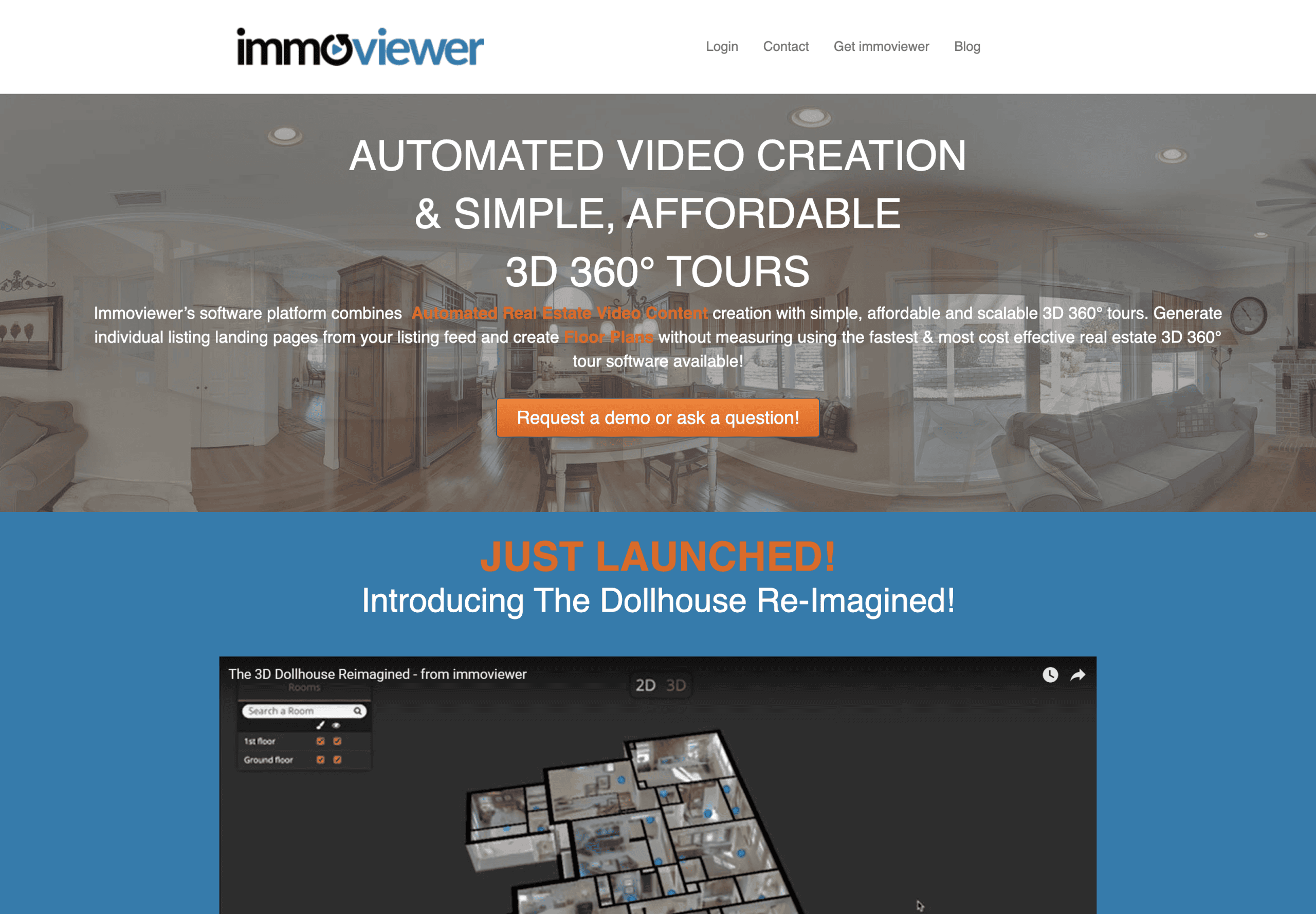 Screenshot of the immoviewer homepage featuring a banner about automated 3D 360° video tours, an orange call-to-action button, and an embedded video demonstration.