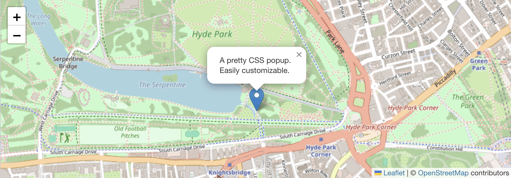Map of Hyde Park in London with a blue location marker and a popup saying, "A pretty CSS popup. Easily customizable." Ideal for WordPress users needing content management or media library plugins. Streets and landmarks are labeled.