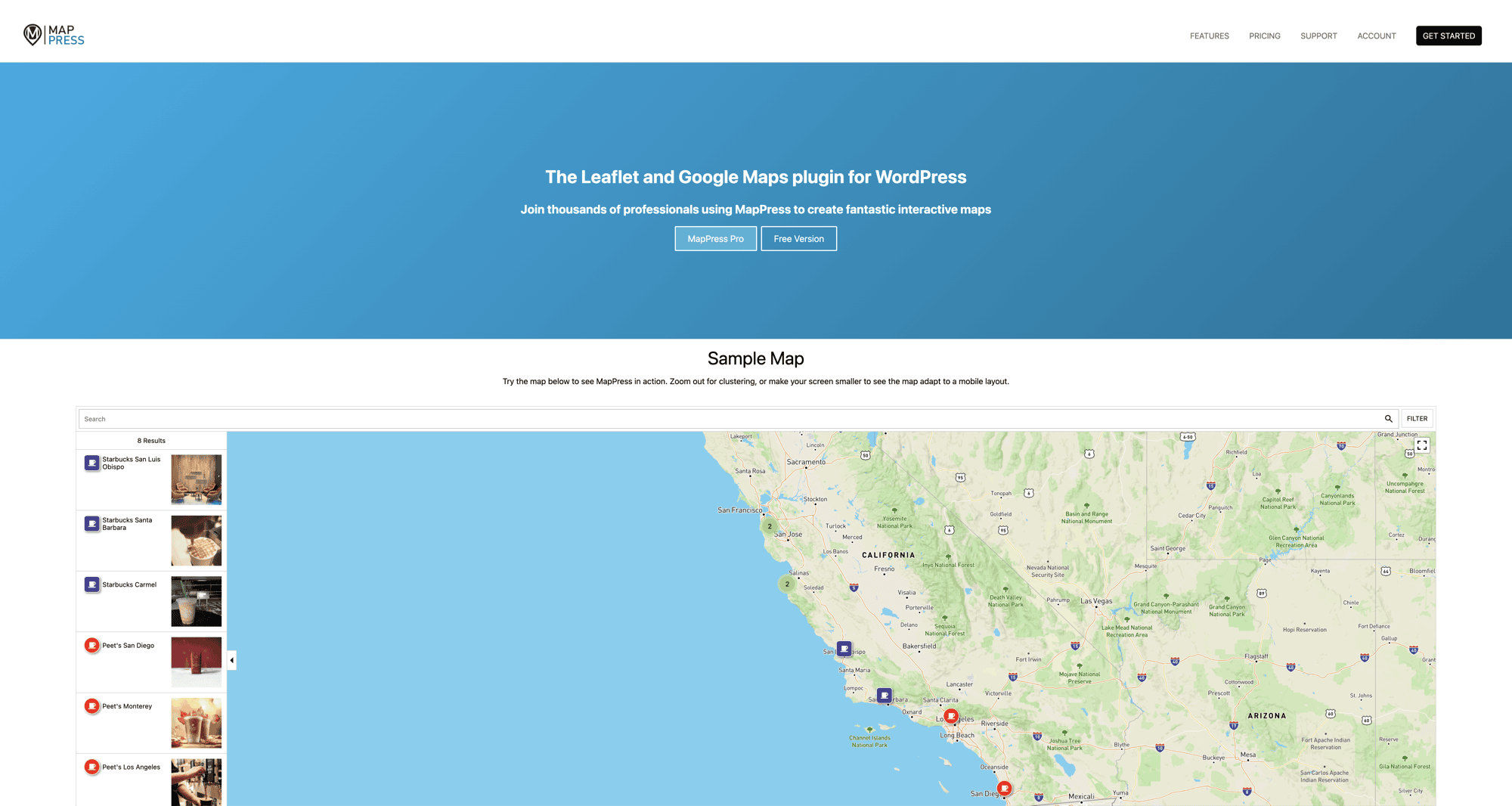 A web page displaying a map of Southern California on the right and a list of locations on the left, with a header about a Google Maps plugin that seamlessly integrates with WordPress Content Management.