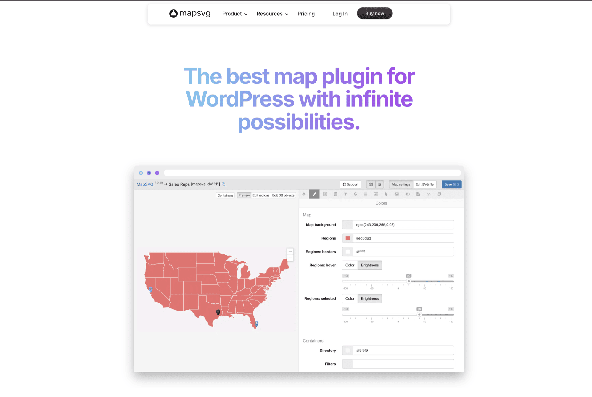 Screenshot of a website promoting MapSVG, one of the leading map plugins for WordPress, showing a US map editor interface with interactive maps and customization options.