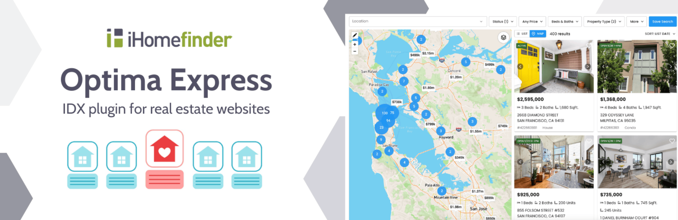Screenshot of HomeFinder's Optima Express IDX plugin showing a map with property listings and prices for real estate websites.