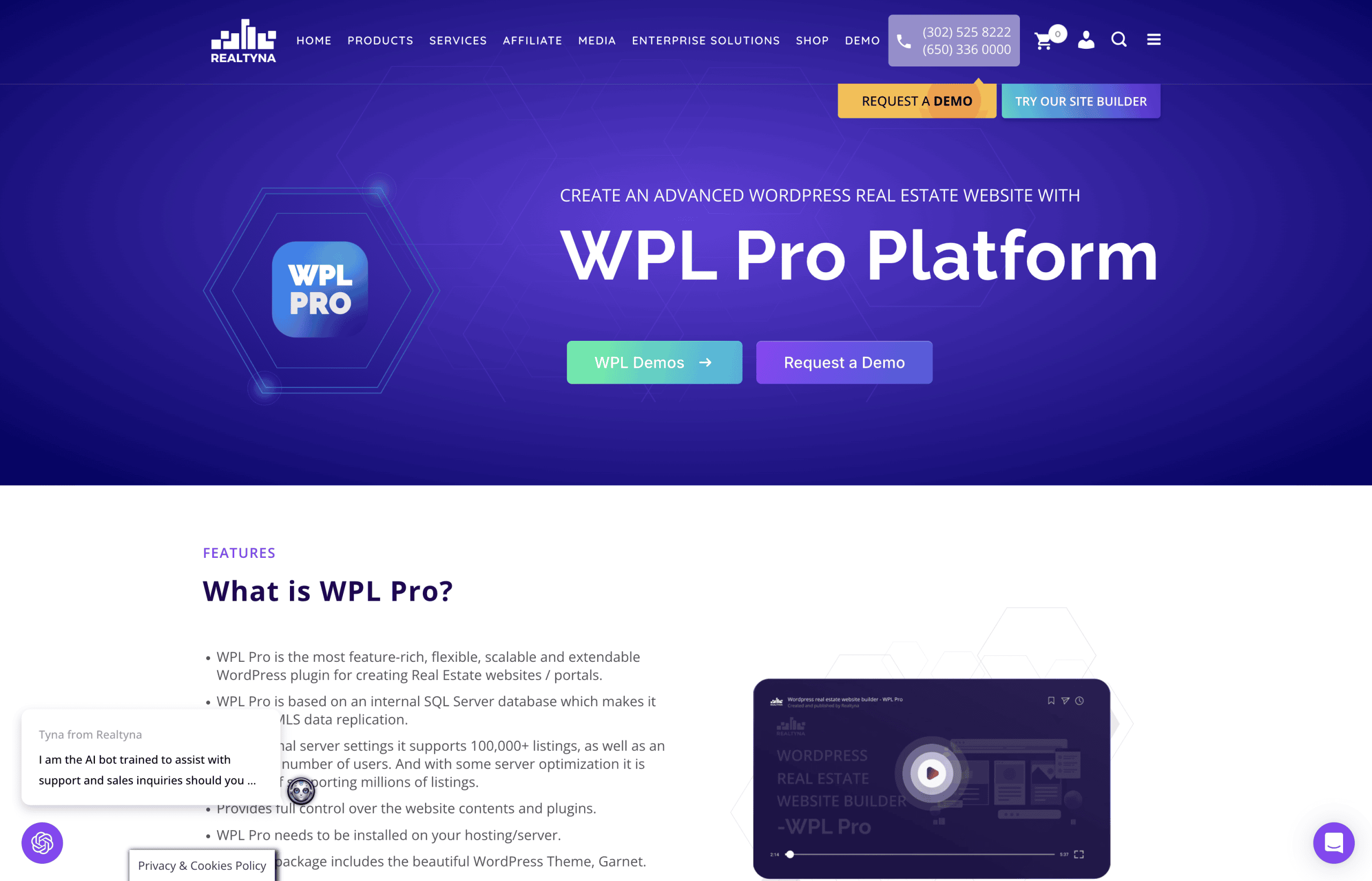 Screenshot of the WPL Pro Platform website homepage, displaying options for demos, a request a demo button, and an explanation of WPL Pro features on a purple background.