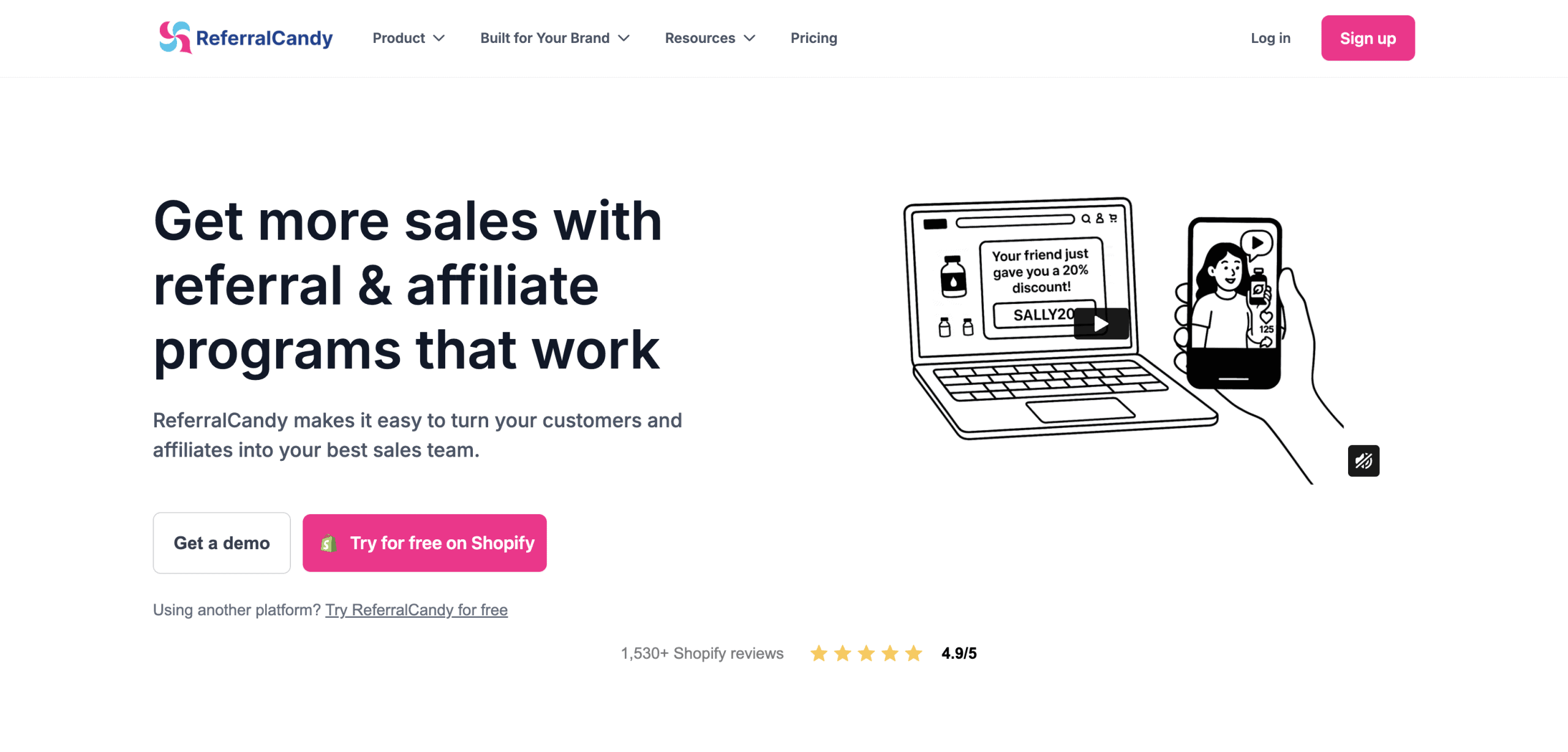 ReferralCandy website homepage showing headline about increasing sales with referral and affiliate programs, a sign-up button, and an illustration of a laptop and smartphone.