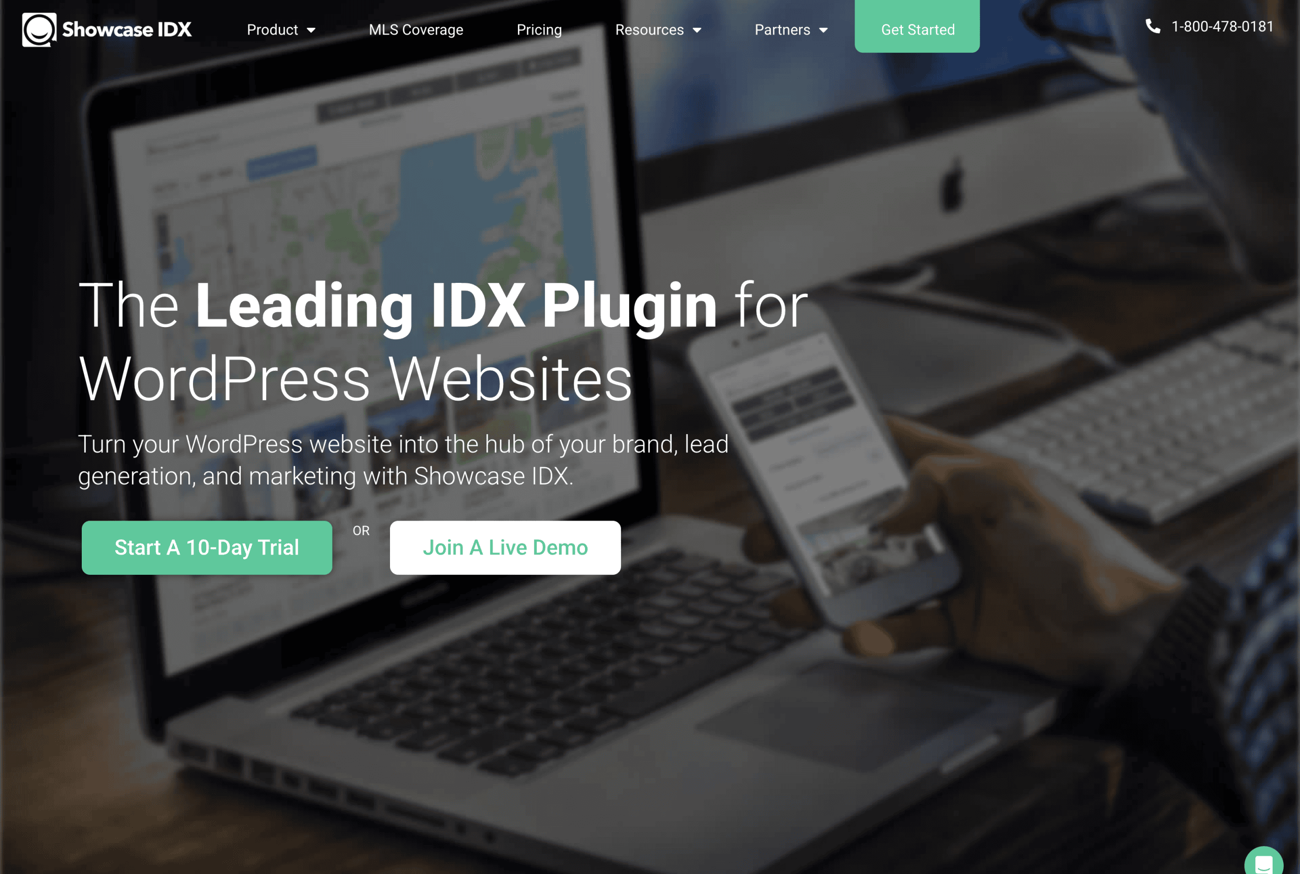 A person holds a smartphone in front of a laptop displaying a map, with text overlay promoting the leading IDX plugin for WordPress websites by Showcase IDX.