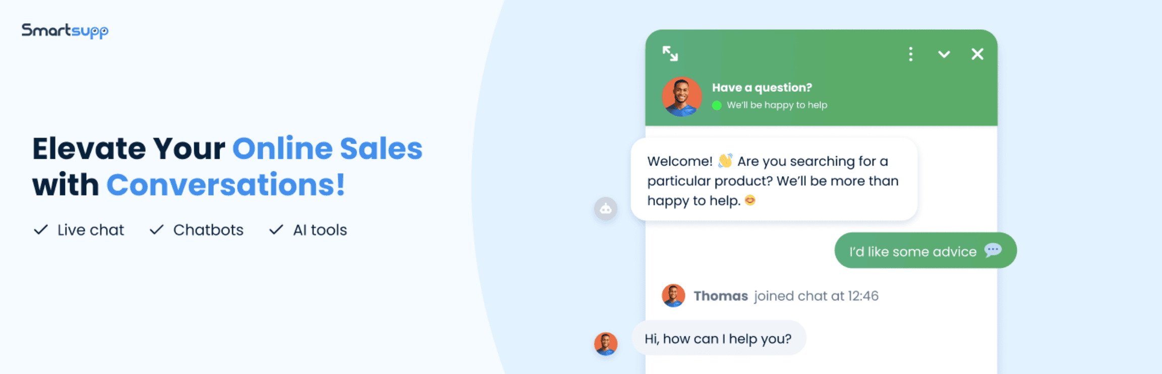A website promo for Smartsupp shows a chat interface with a support agent offering help and highlights features like live chat, chatbots, and tools to boost online sales.