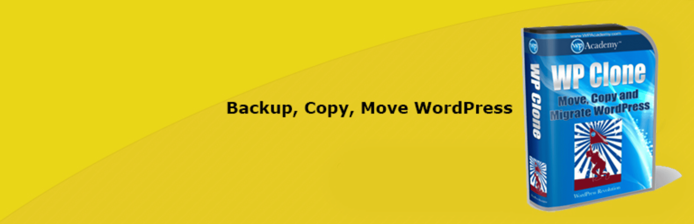 Box software cover for "WP Clone" with the tagline "Backup, Copy, Move WordPress" on a yellow background.
