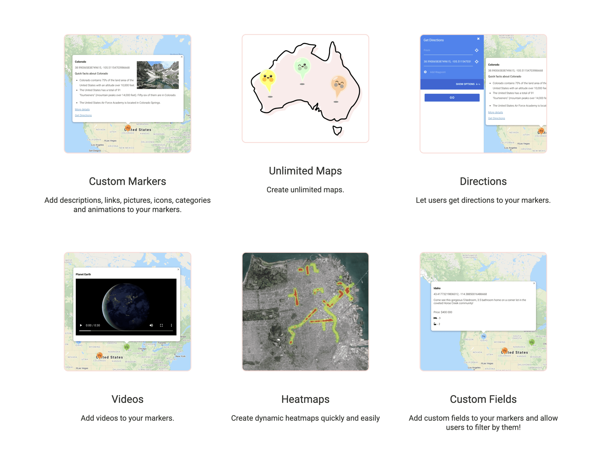 A grid of six mapping tool features—custom markers, unlimited maps, directions, videos, heatmaps, and custom fields—each with a screenshot and brief description. Perfect for creating interactive maps or enhancing Map plugins for WordPress.