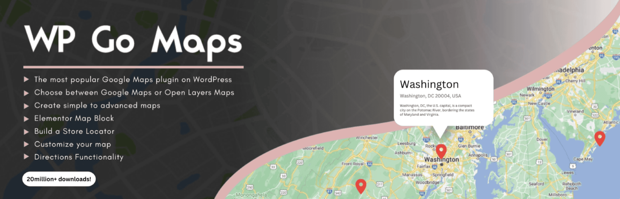 Promotional banner for WP Go Maps plugin featuring a feature list and an interactive map highlighting Washington, DC and Baltimore, MD—perfect for those seeking top Map Plugins for WordPress.