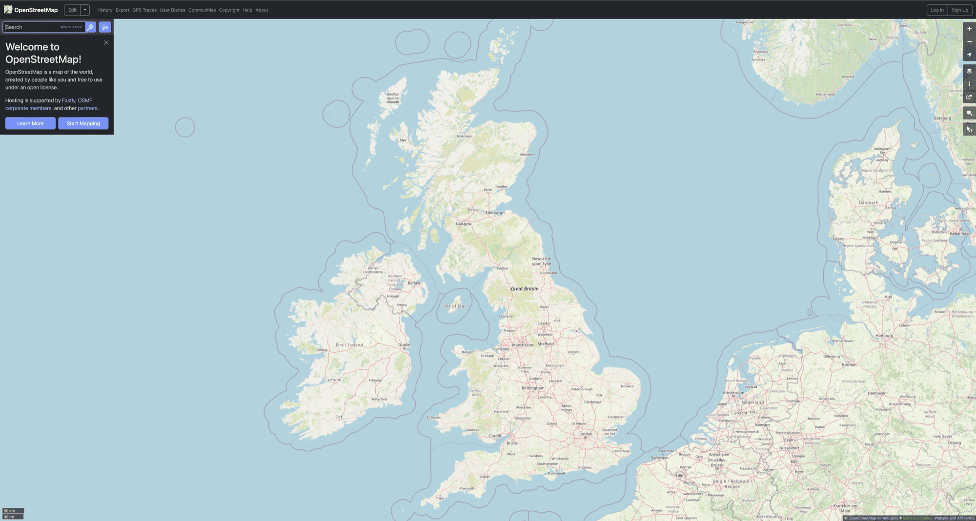 A digital OpenStreetMap interface displays a detailed interactive map of the United Kingdom, Ireland, and parts of mainland Europe with a navigation menu on the left—ideal for WordPress sites using map plugins.