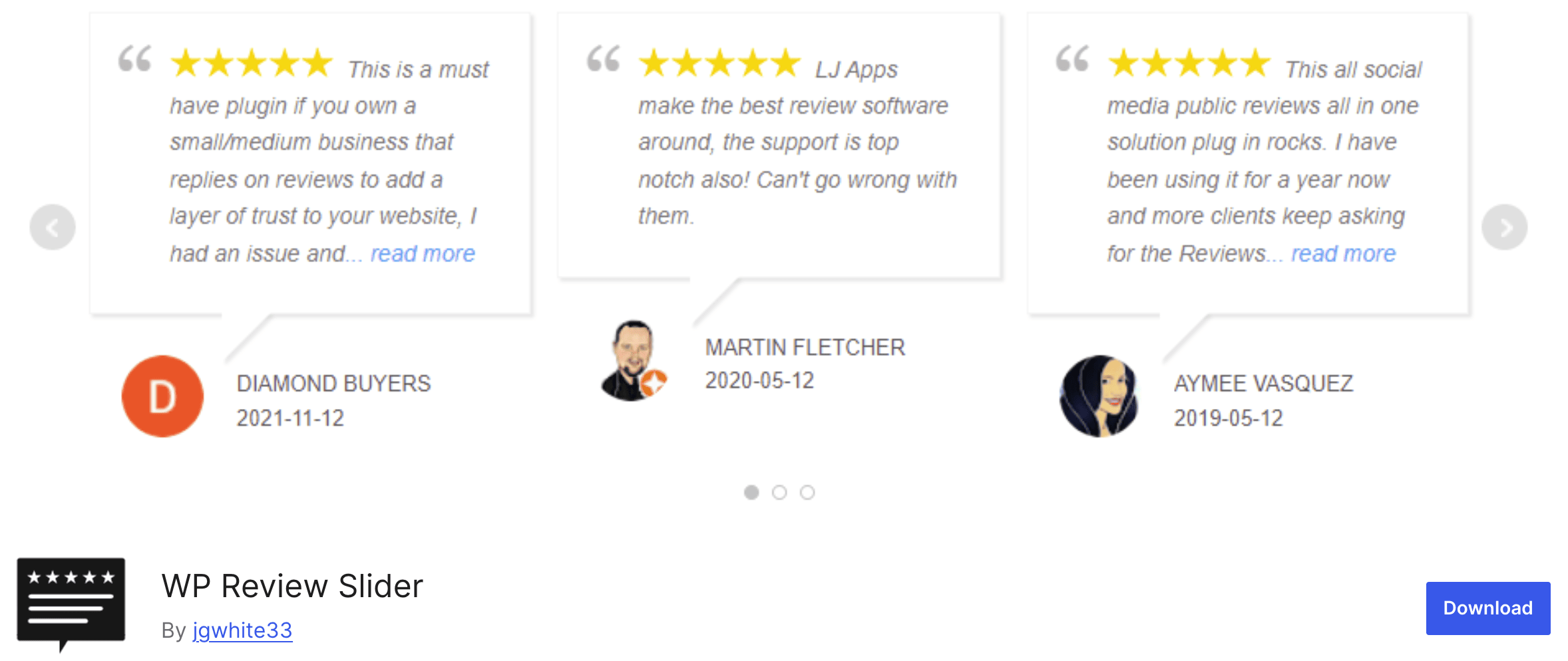 Three customer review cards for WP Review Slider, each with 5-star ratings, profile icons, reviewer names, and dates, plus a plugin link at the bottom.