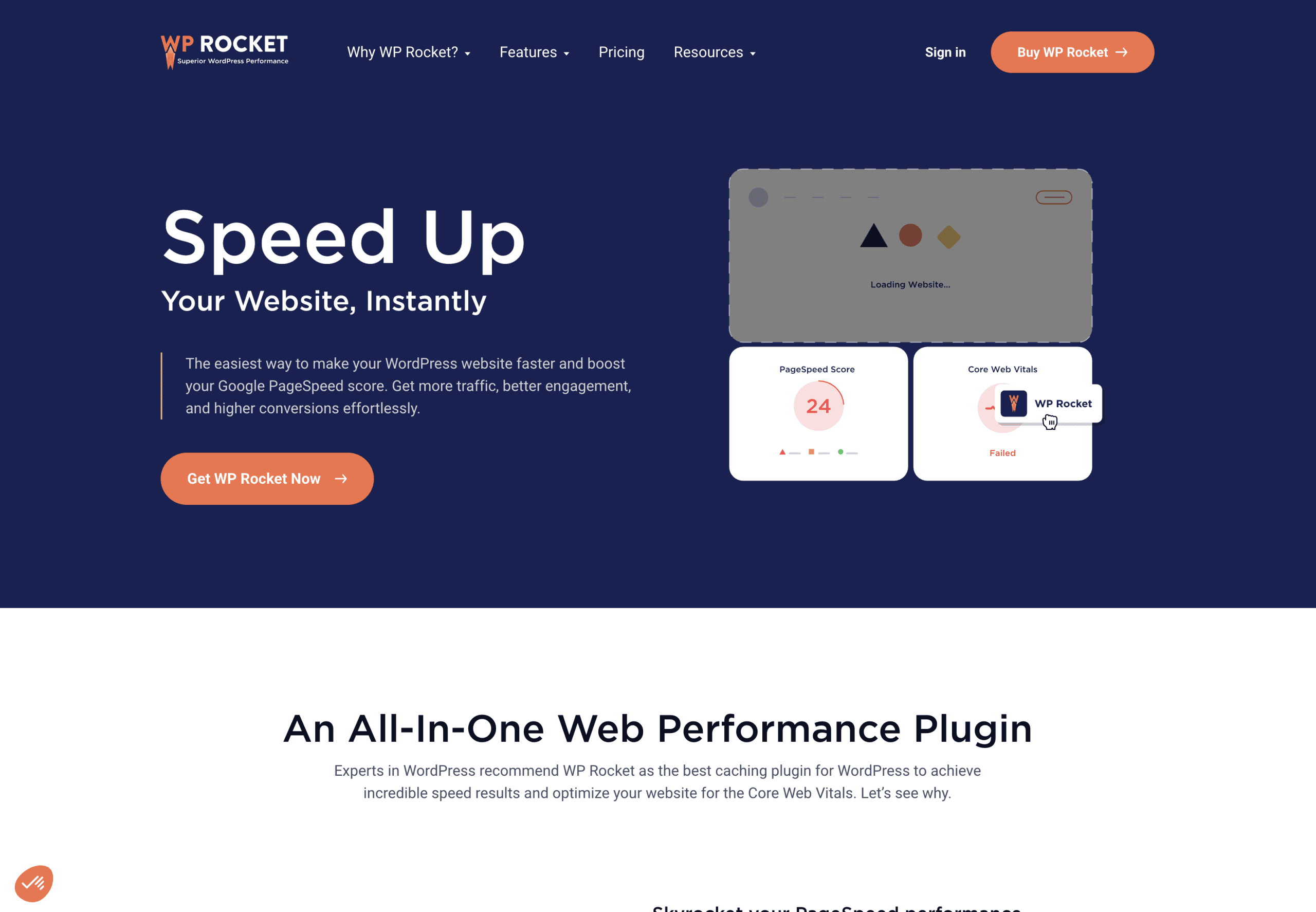 Screenshot of WP Rocket’s homepage highlighting its web performance plugin, with a "Speed Up Your Website, Instantly" message and options to buy or get more information.