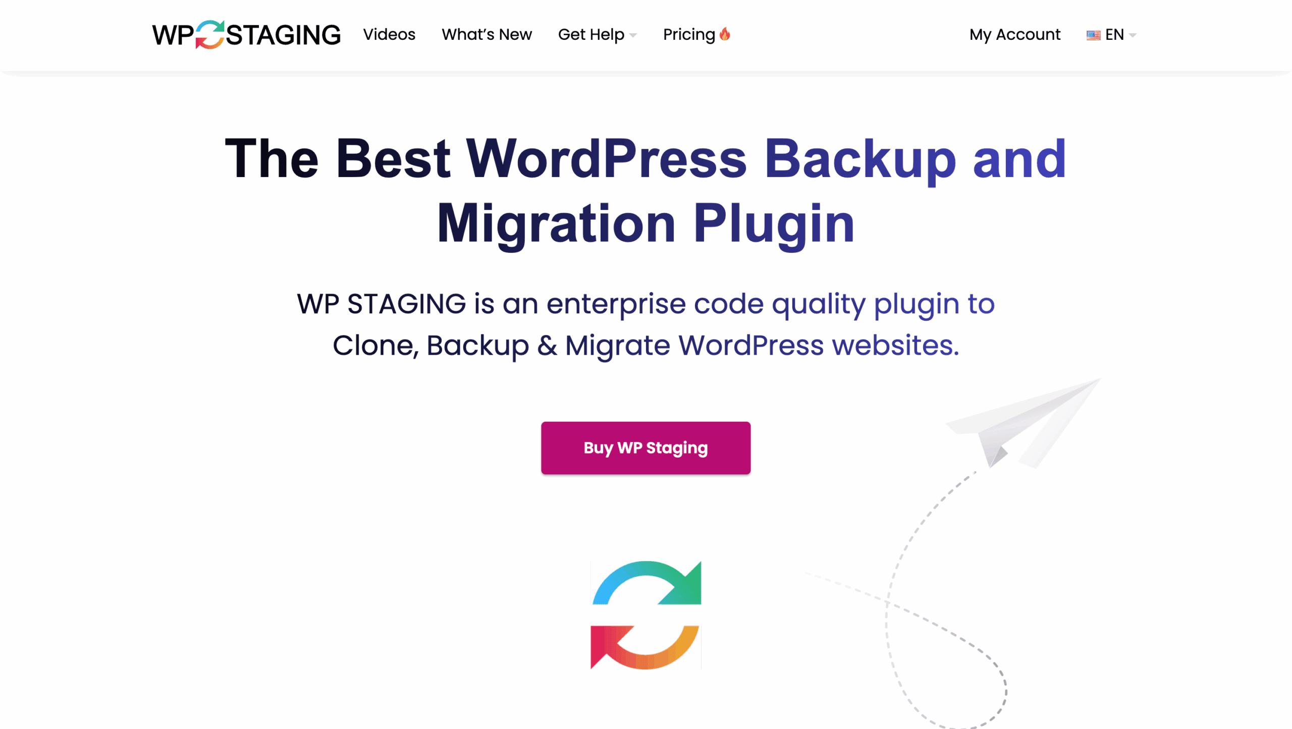 Screenshot of the WP STAGING website homepage, highlighting its WordPress backup and migration plugin with a “Buy WP Staging” button and a paper airplane graphic.