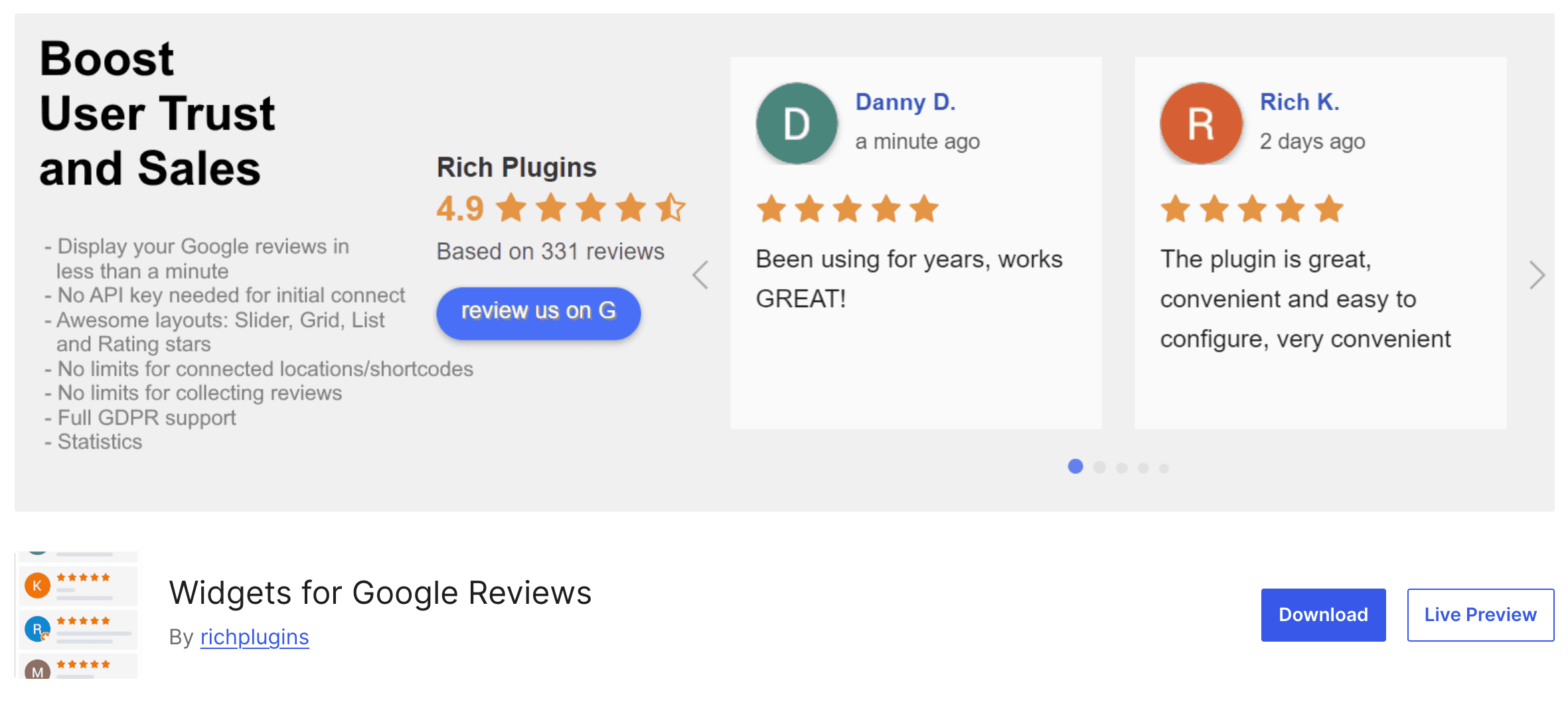 A website banner displays Google review widgets, user testimonials with star ratings, and options to download or live preview the "Widgets for Google Reviews" plugin by Rich Plugins.