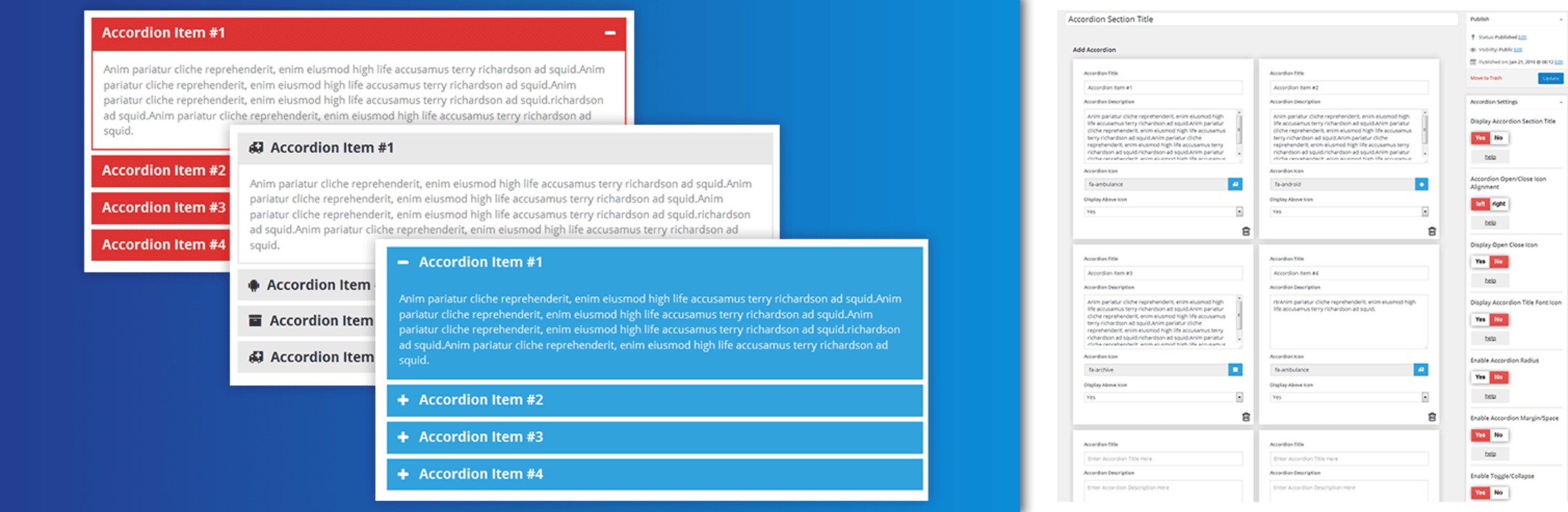 A comparison of four accordion UI designs in different color schemes is shown on the left, with an accordion section settings panel displayed on the right.