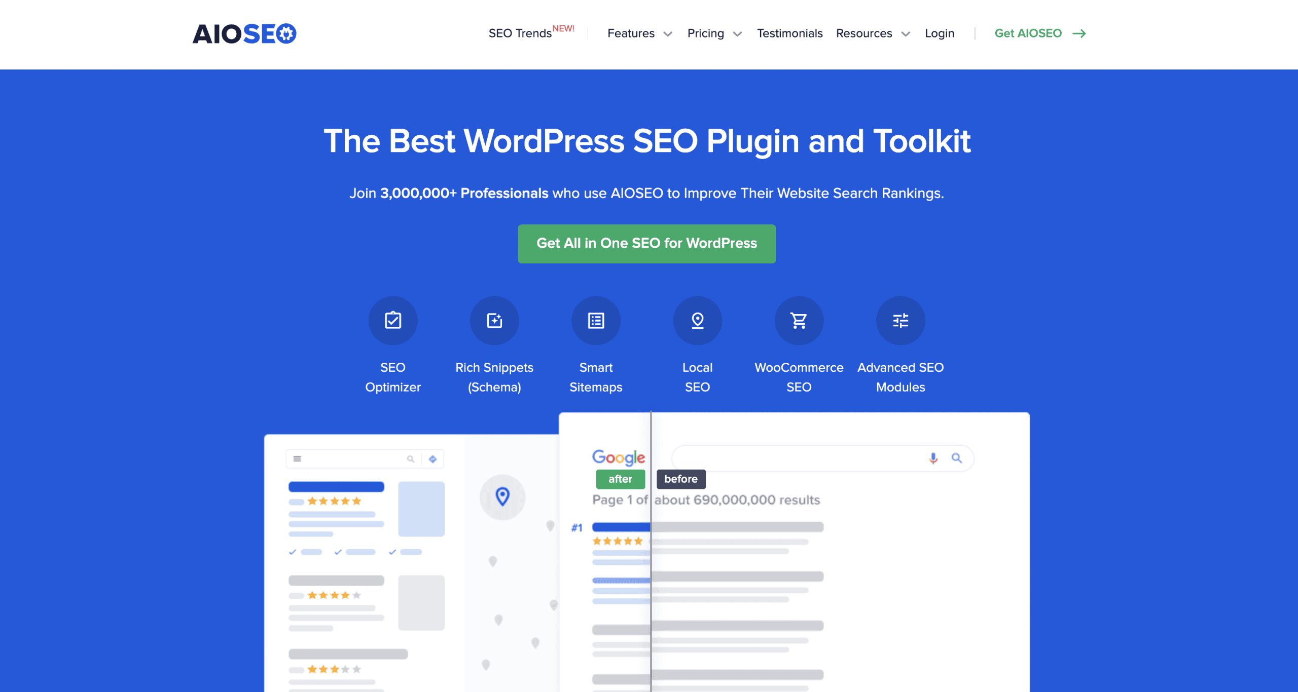 AIOSEO homepage featuring a blue header with the tagline “The Best WordPress SEO Plugin and Toolkit,” call-to-action buttons, and illustrated screenshots of website analytics and search results.