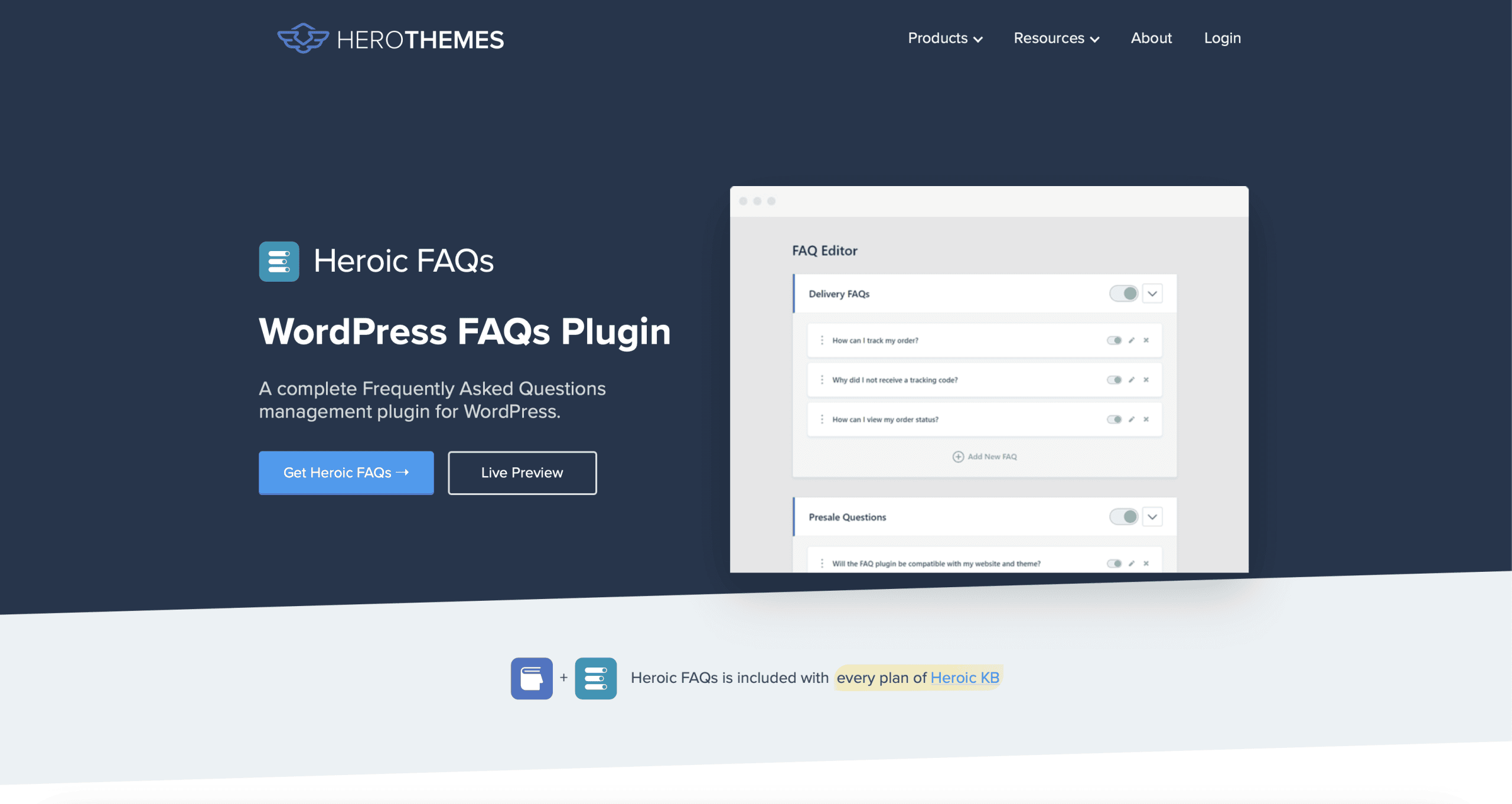 Screenshot of the Heroic FAQs WordPress plugin webpage, showing a sample FAQ editor and options to get the plugin or view a live preview.