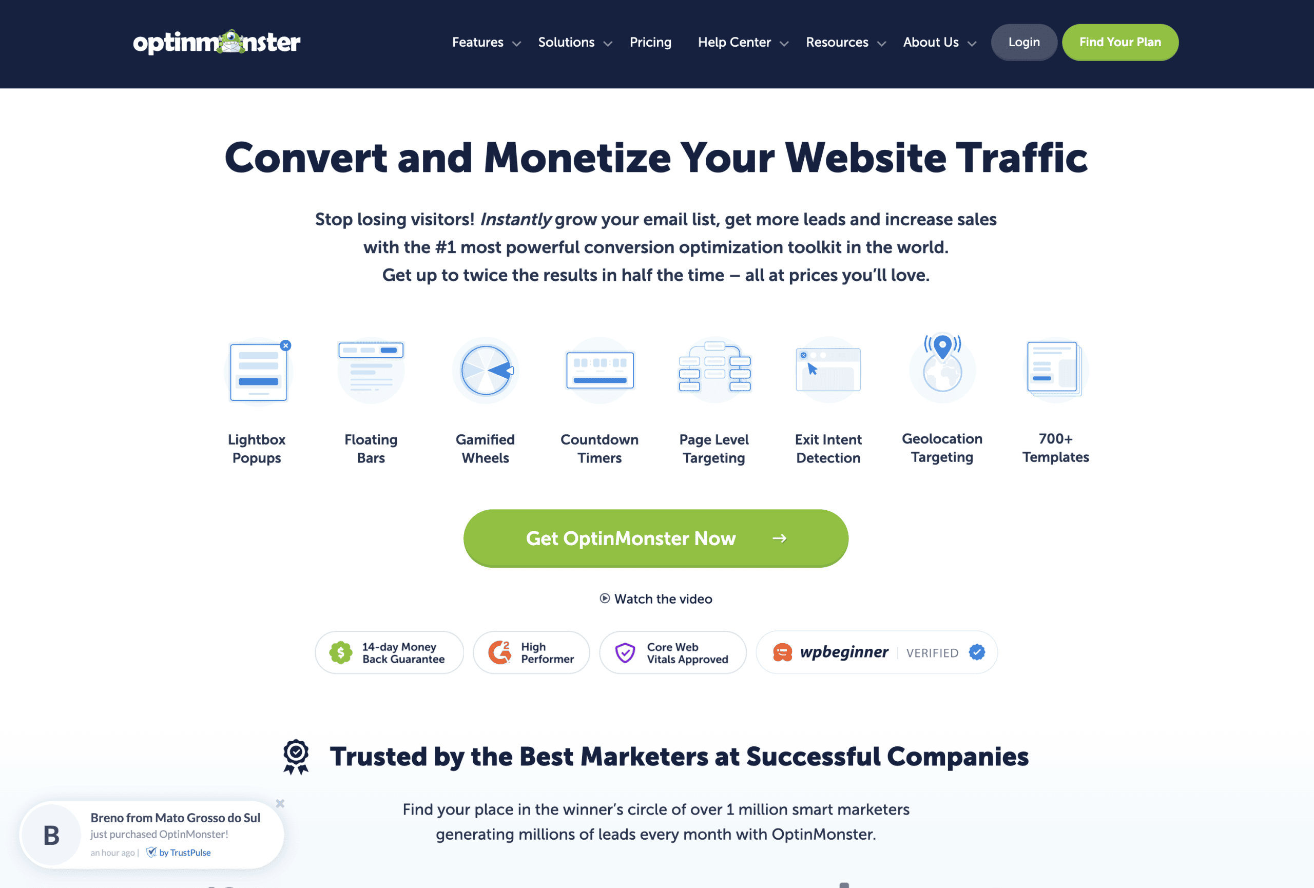 Screenshot of OptinMonster's homepage highlighting features like popups, floating bars, countdown timers, and an option to "Get OptinMonster Now," with user testimonials at the bottom.
