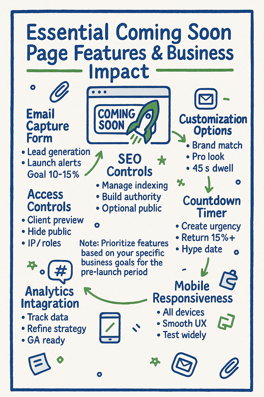 An illustrated infographic lists key features and business impacts of "Coming Soon" website pages, including email capture, access controls, SEO, customization, countdown timer, analytics, and mobile responsiveness.