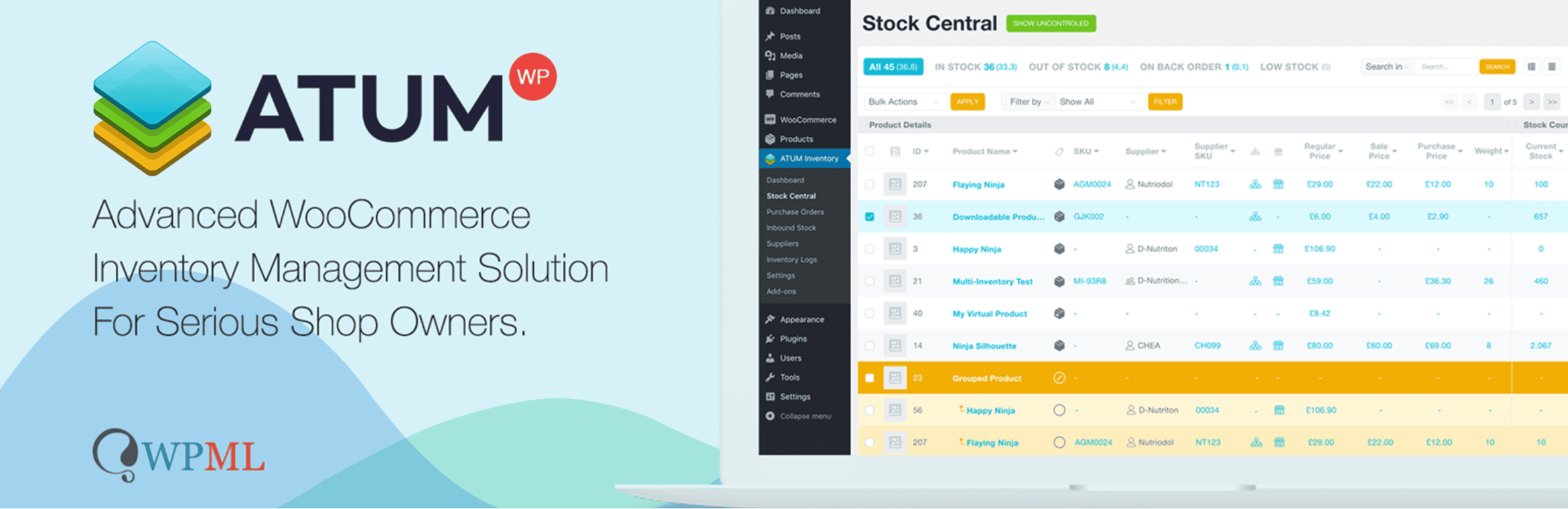 Screenshot of ATUM WooCommerce inventory management dashboard with product list and features, alongside a promotional banner describing it as a solution for serious shop owners.