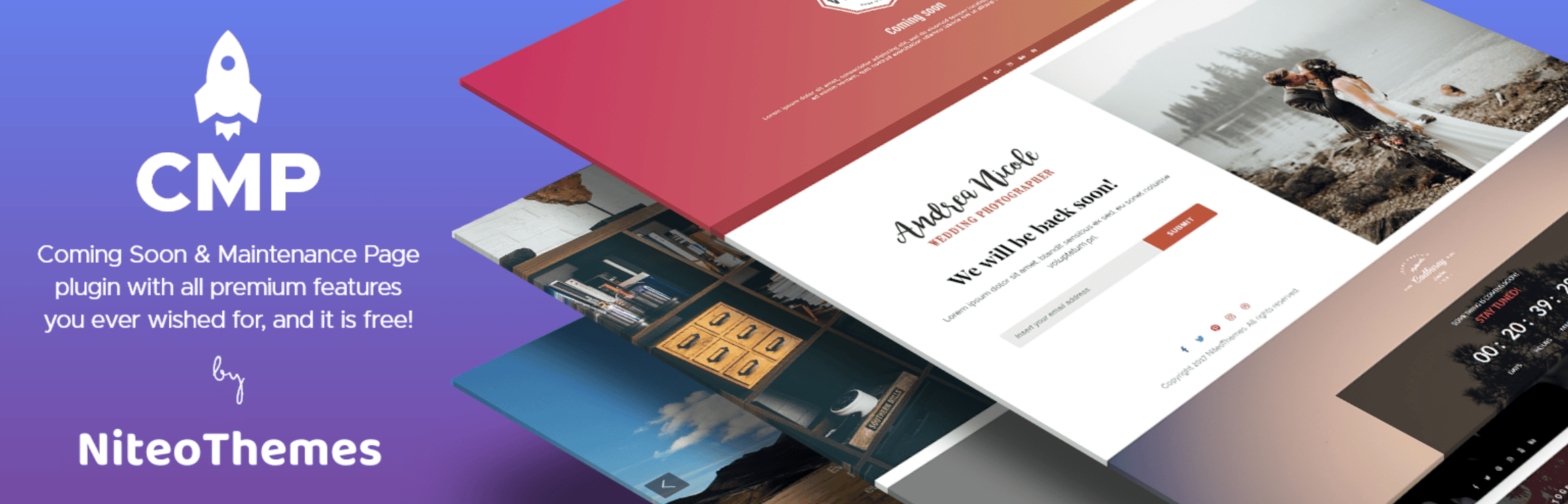 Promotional image for CMP by NiteoThemes, showing website templates and text advertising a free coming soon and maintenance page plugin with premium features.