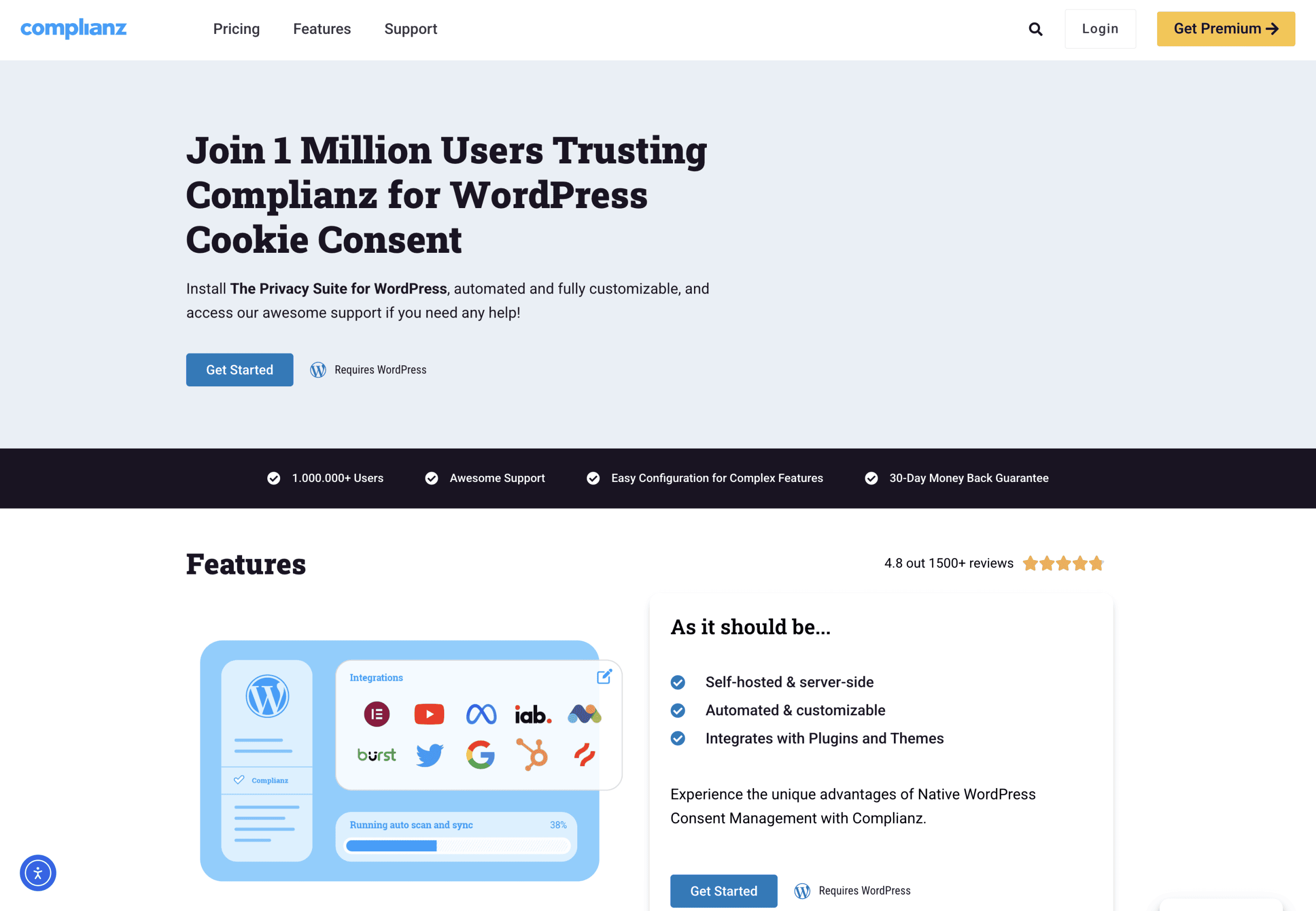 Screenshot of the Complianz website homepage, highlighting WordPress cookie consent features, user trust, and a promotional banner to get started or go premium.