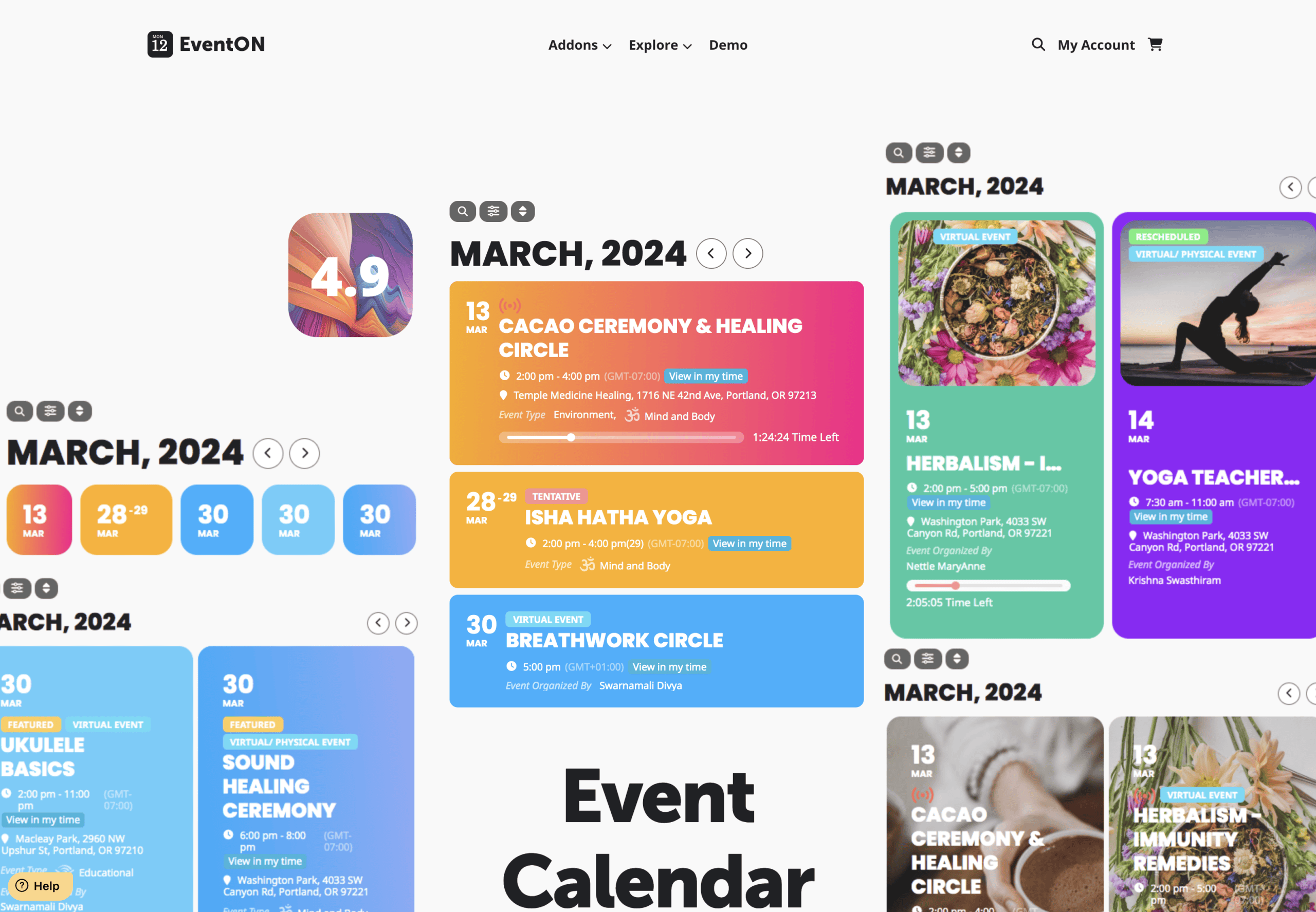 A digital event calendar displays colorful event cards for March 2024, including yoga, healing ceremonies, and workshops, with dates and brief details for each event.