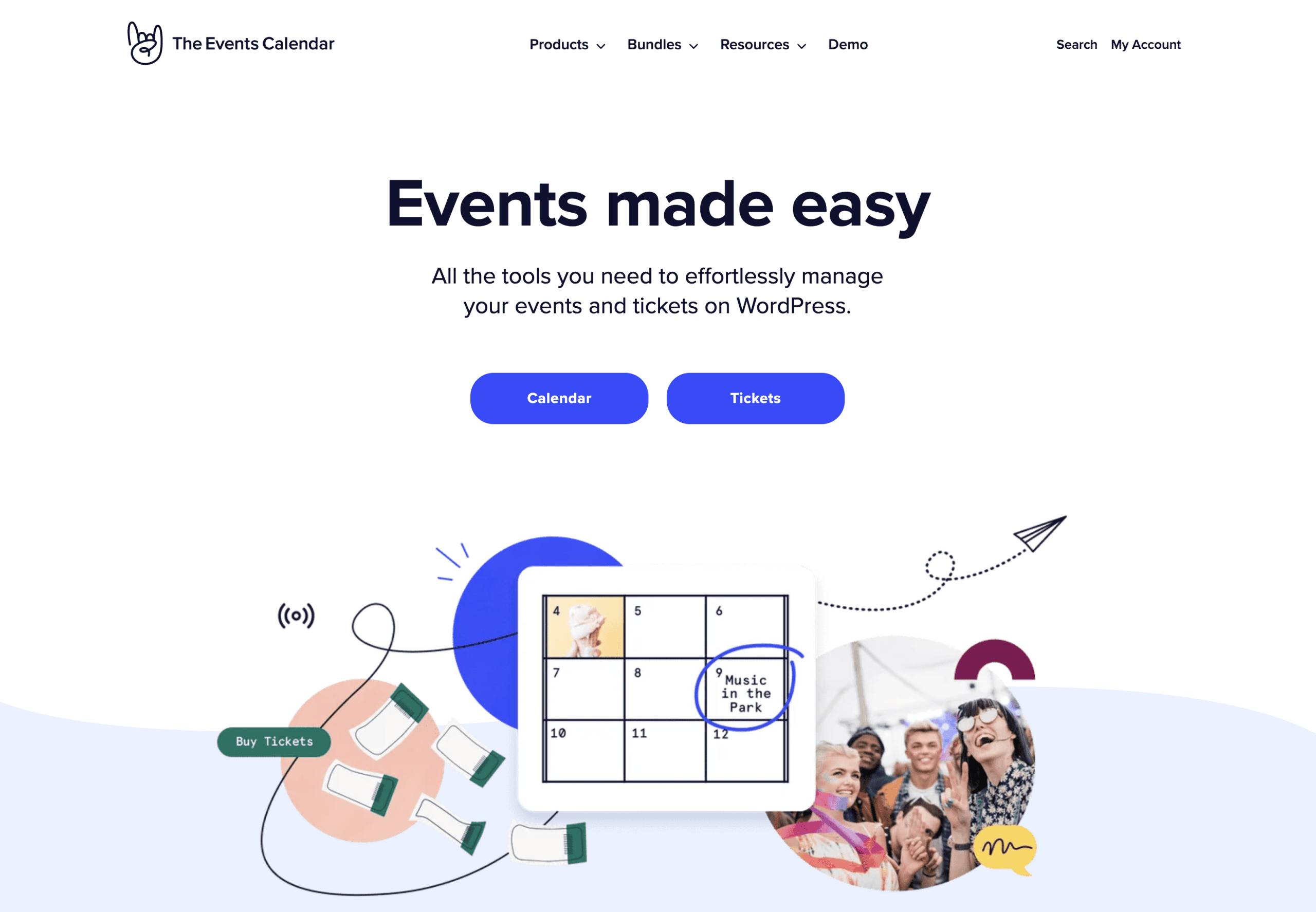 Screenshot of a website homepage for The Events Calendar, featuring the headline "Events made easy," buttons for Calendar and Tickets, and illustrated graphics related to event planning.