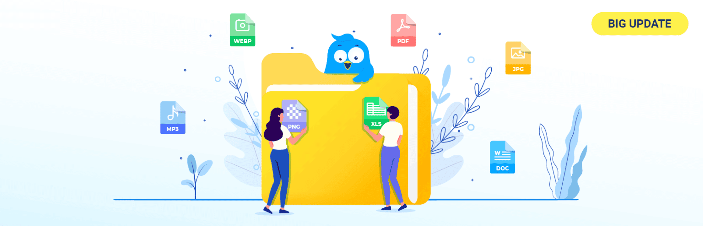 Two people stand by a large yellow folder with an owl on top, surrounded by icons representing various file formats such as PDF, XLS, DOC, JPG, and MP3.