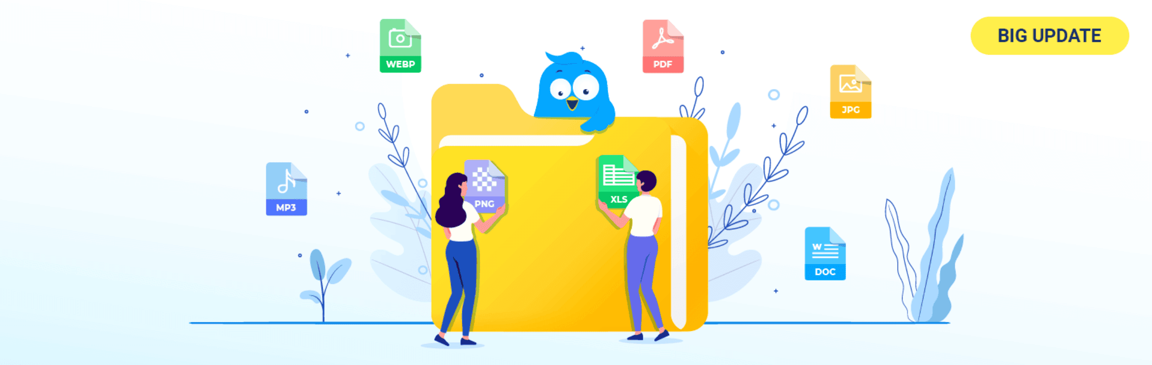 Illustration of two people standing by a large yellow folder with an owl on top, surrounded by icons for various file formats like PNG, XLS, PDF, and DOC.