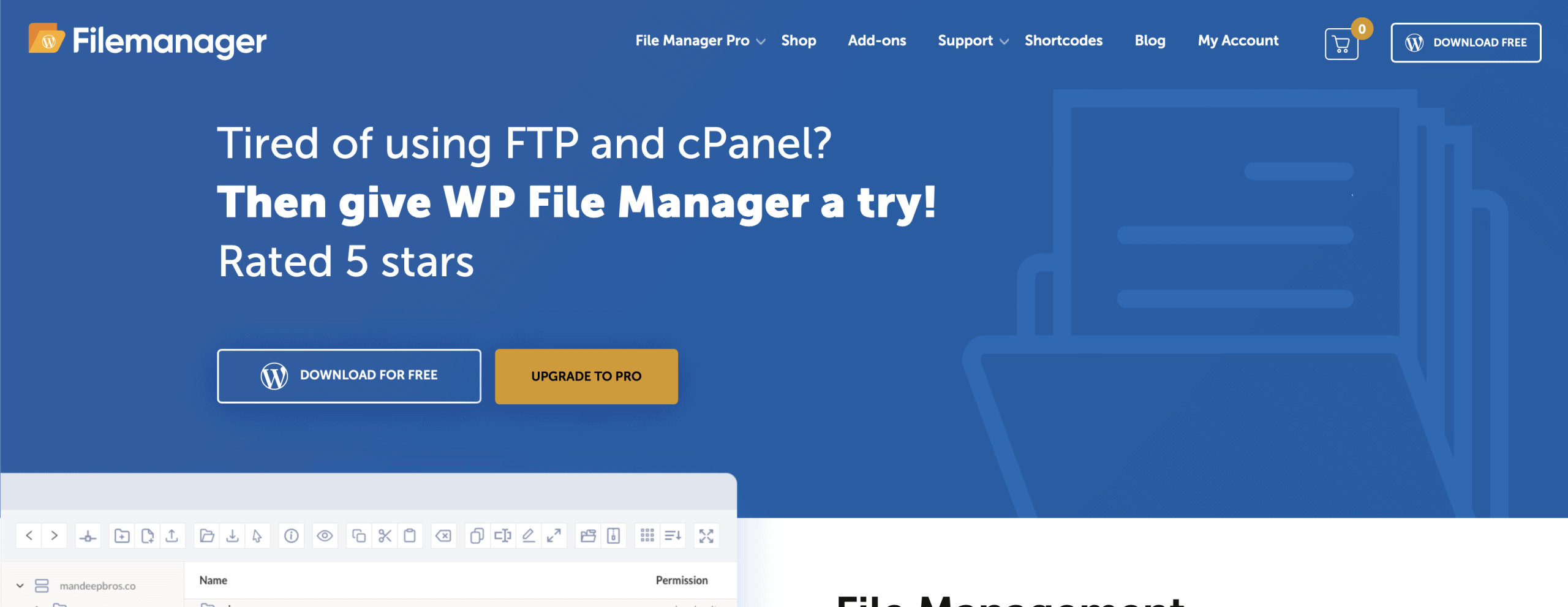 Screenshot of the Filemanager website homepage promoting WP File Manager, with options to download for free or upgrade to pro.