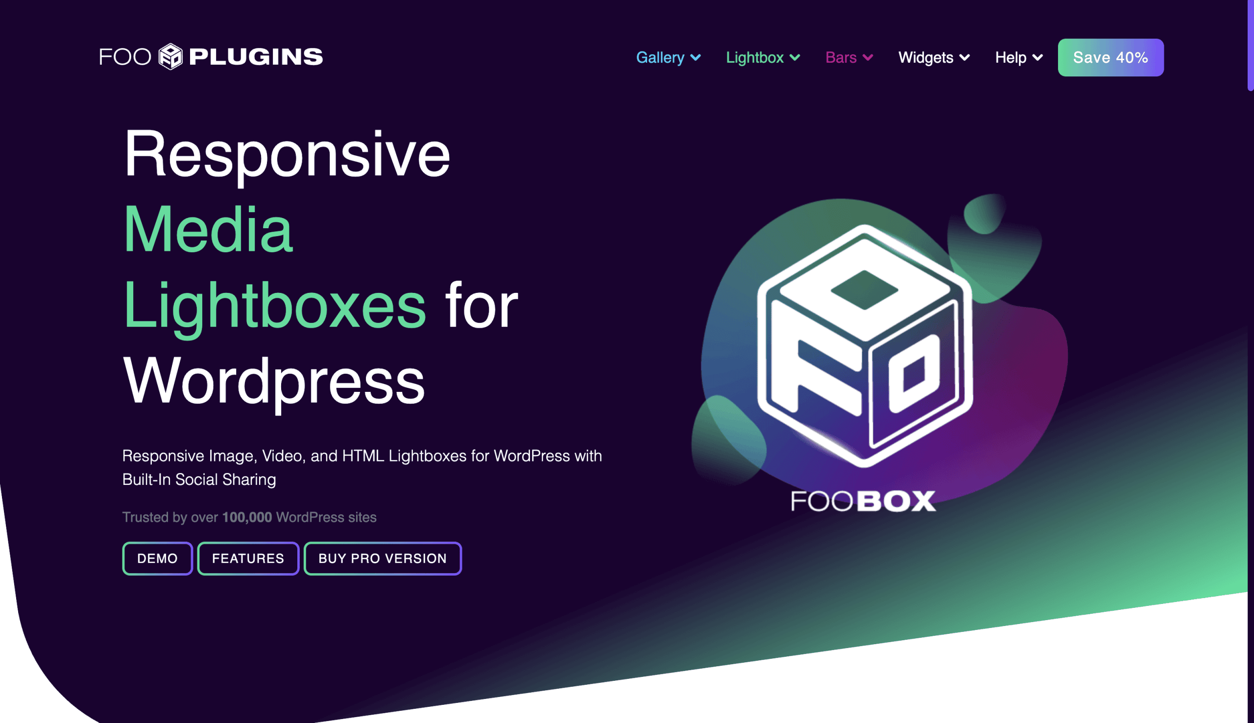 Screenshot of the FooPlugins website showcasing FooBox, a responsive media lightbox plugin for WordPress, with demo and purchase options visible.