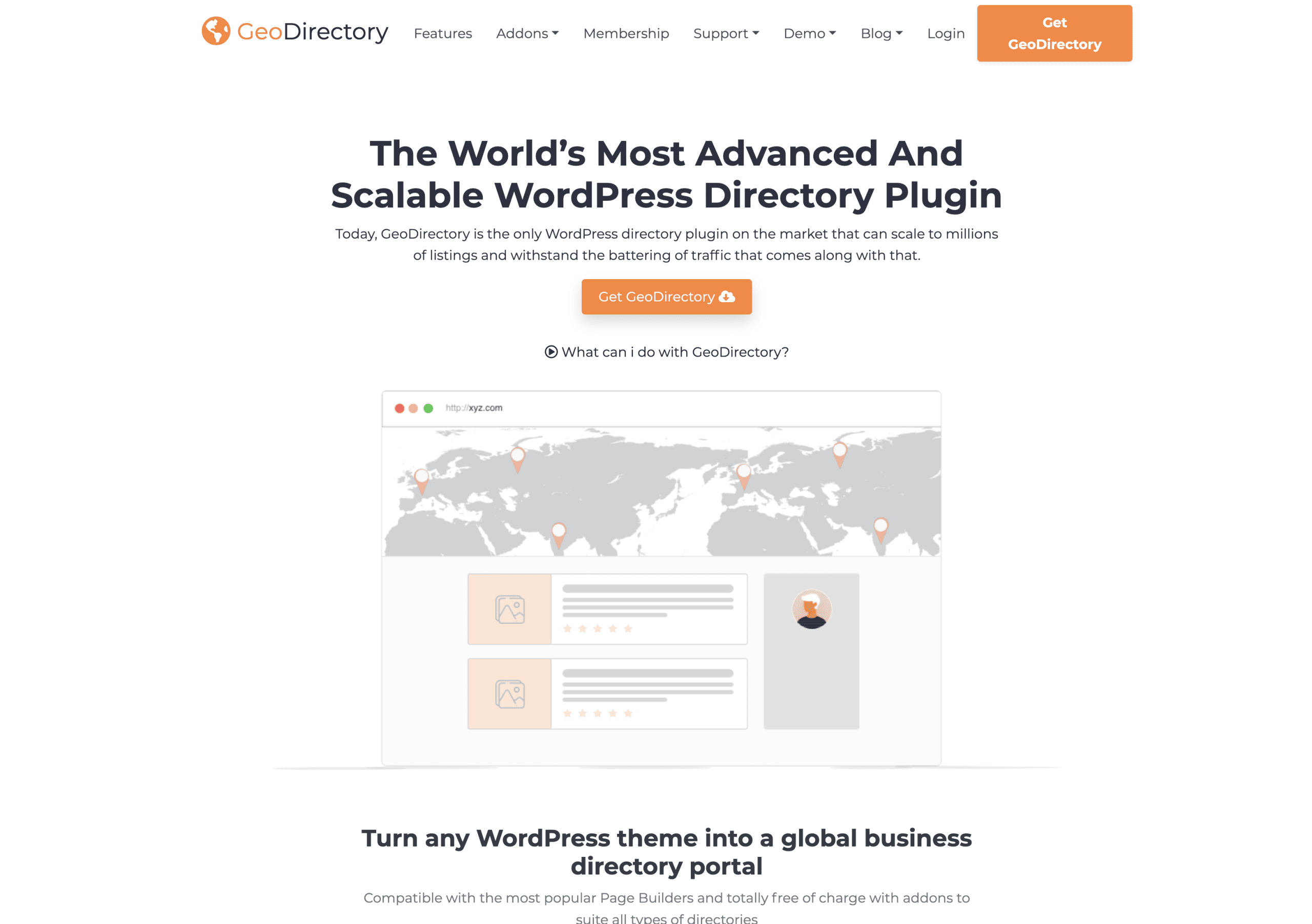 Screenshot of the GeoDirectory website homepage featuring a headline about its WordPress directory plugin, a call-to-action button, and an illustrated graphic of a web directory interface.