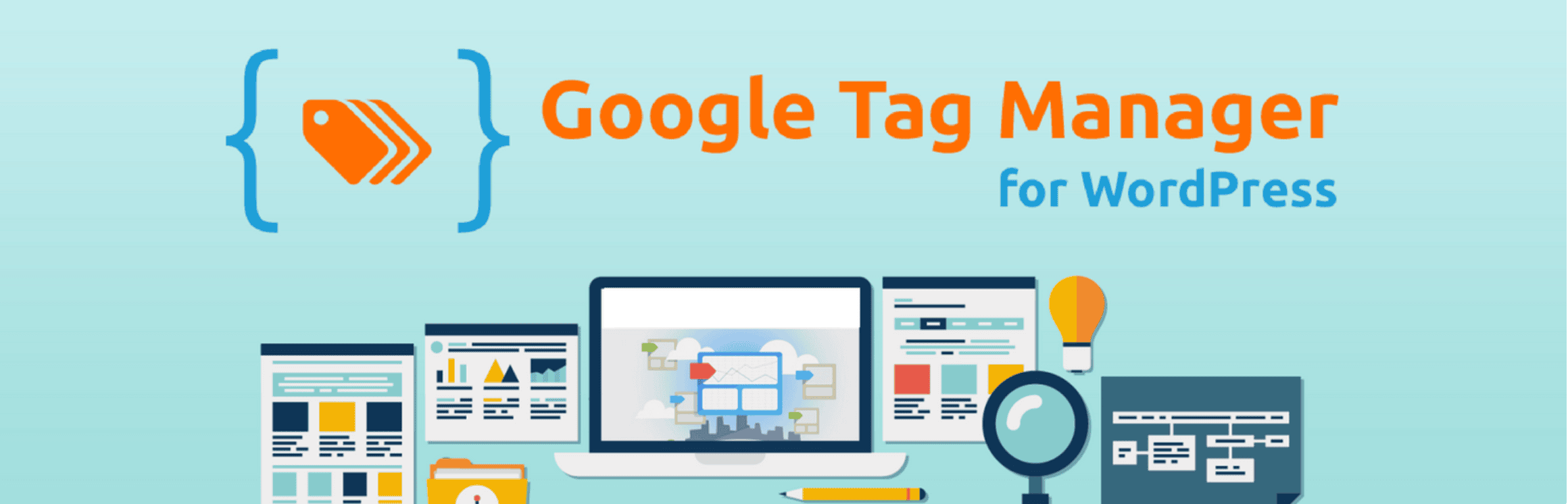 Illustration showing "Google Tag Manager for WordPress" with a laptop, charts, a magnifying glass, light bulb, and code icons on a blue background.