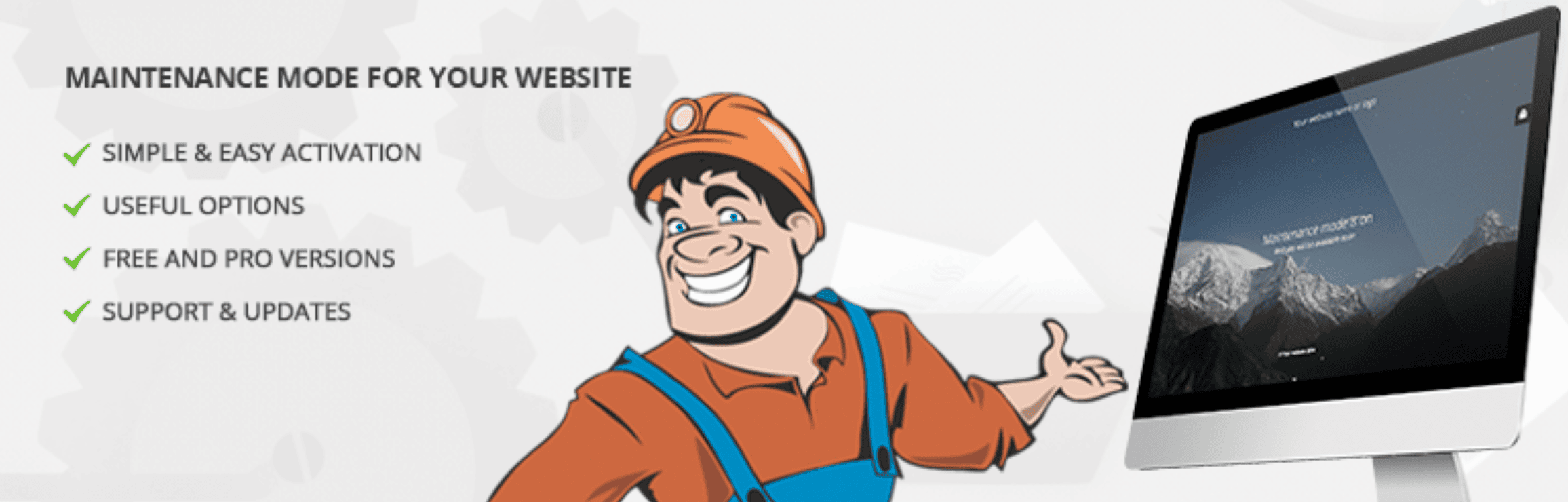 Cartoon mechanic stands beside a computer monitor displaying a maintenance page; text highlights activation, options, versions, and support for website maintenance mode.