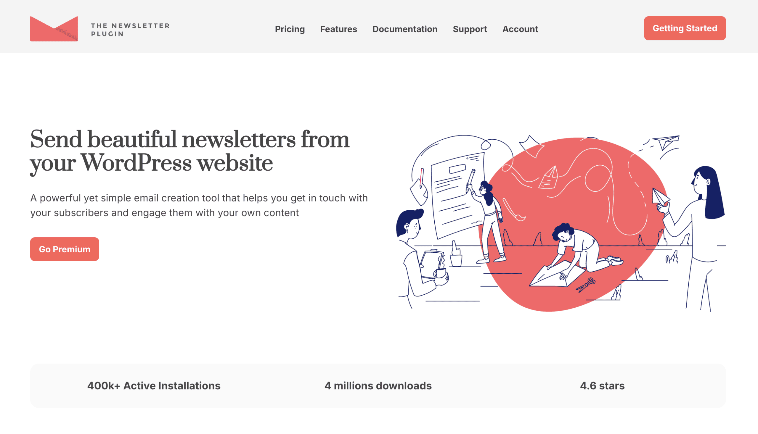 Illustration of people working on newsletter content, with text promoting a WordPress newsletter plugin and a button to go premium. Statistics are shown at the bottom.