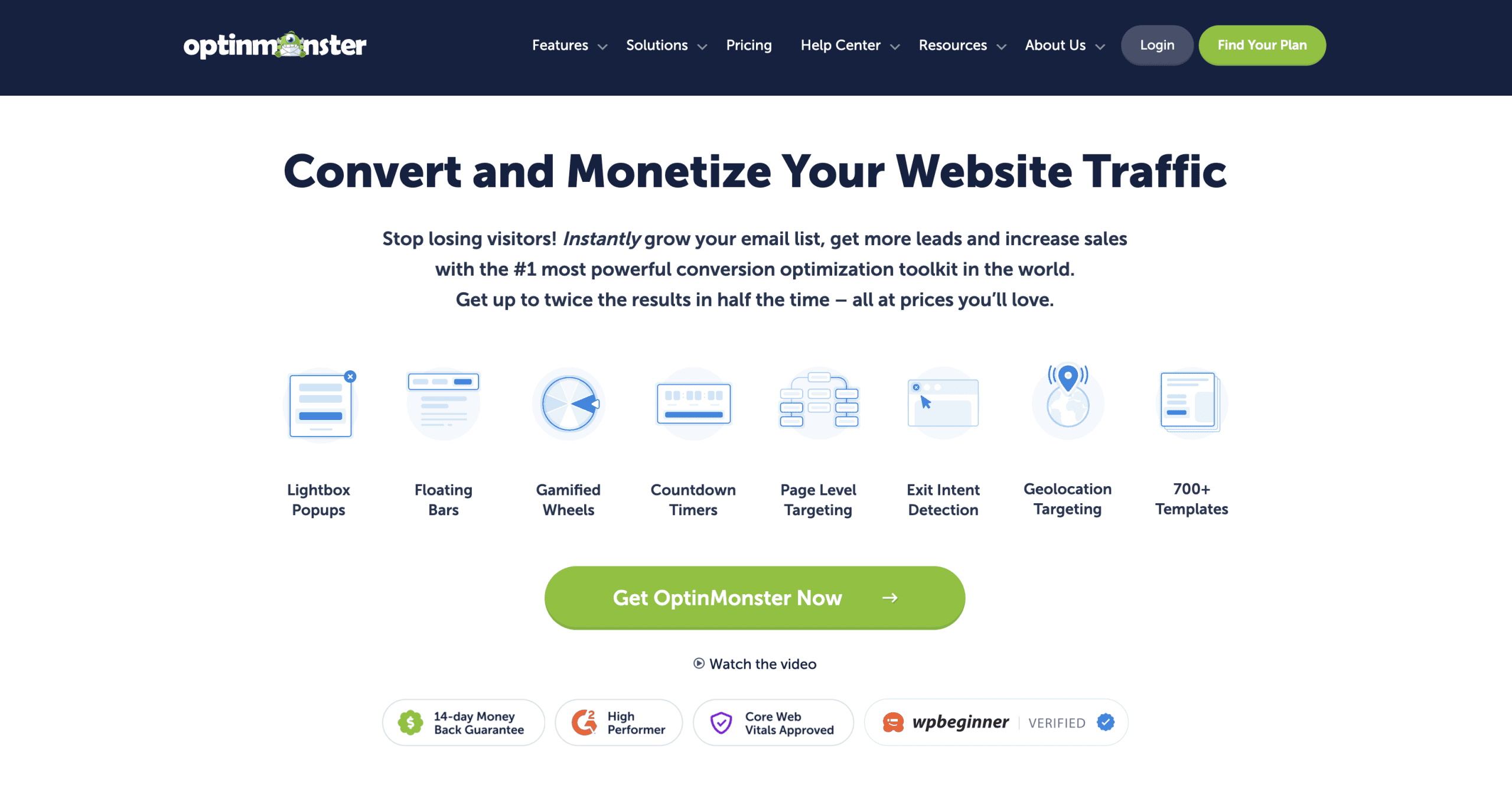 OptinMonster website homepage highlighting features for converting and monetizing web traffic, with icons, product description, and call-to-action buttons.